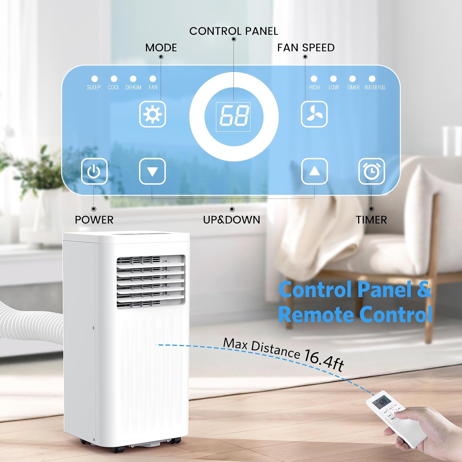 Electactic 8000 BTUs Quiet Portable Ac Unit for Room up 350 Sq.Ft, Portable Air Conditioners with Cooling, Fan, Sleep Mode, Dehumidifier, 24H Timer, Remote Control, Drain Hose