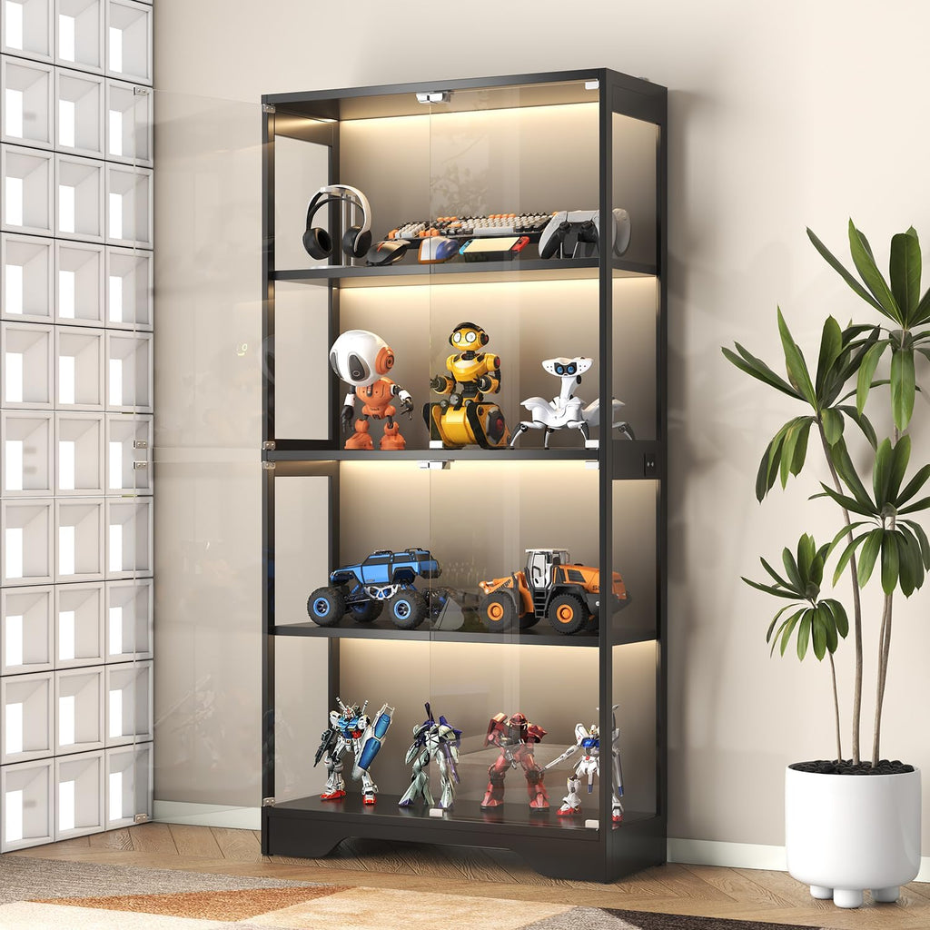 UNIQUITE Display Cabinet with Glass Doors, 63' Curio Cabinet with Color Lights for Collectibles, 4-Tier Display Case with Human Body Sensor for Artwork Books, Black