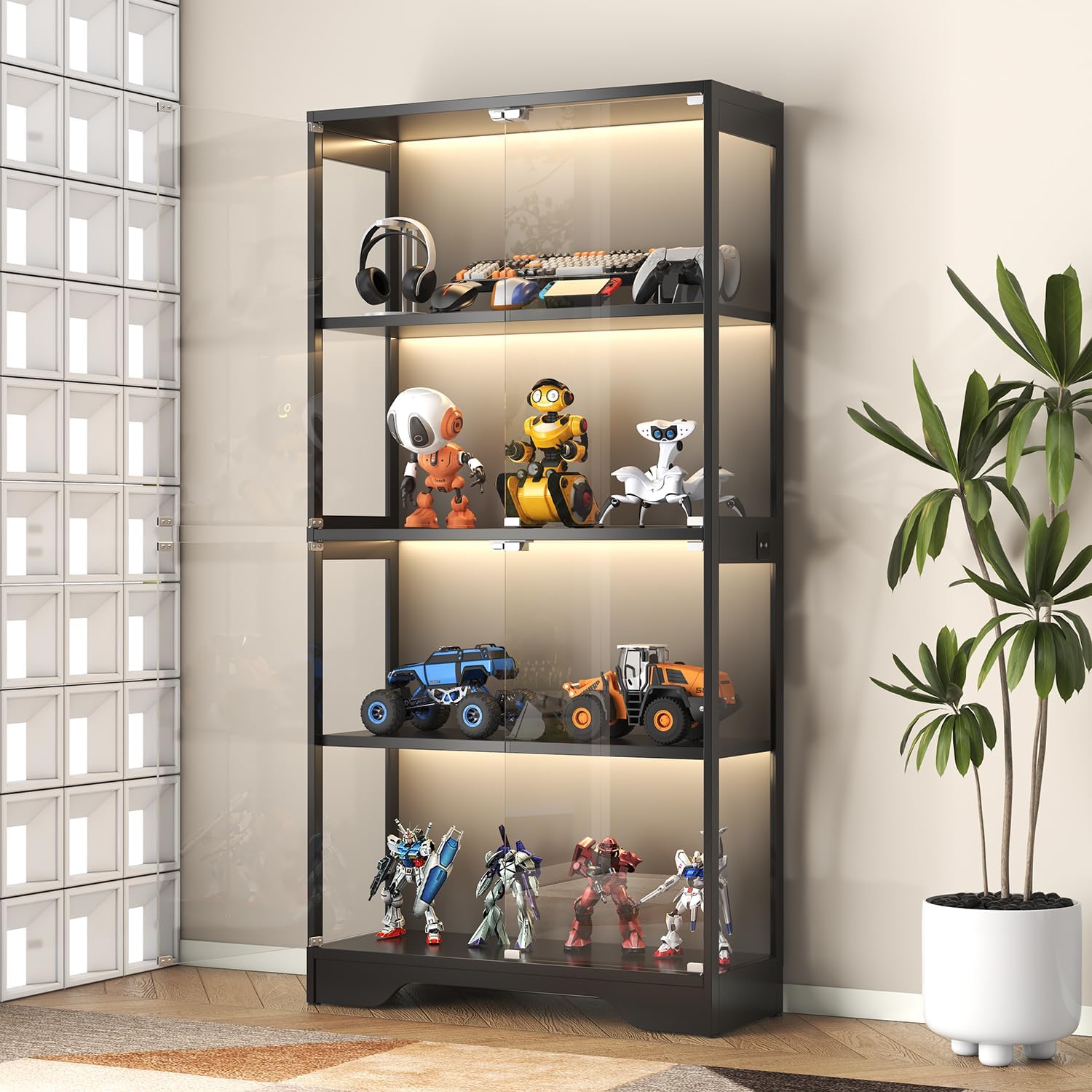 UNIQUITE Display Cabinet with Glass Doors, 63' Curio Cabinet with Color Lights for Collectibles, 4-Tier Display Case with Human Body Sensor for Artwork Books, Black