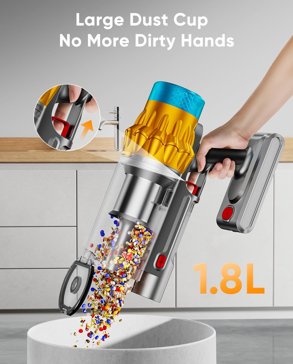 Cordless Vacuum Cleaner, 650W/55KPA, Max 70 Mins Runtime, Self-Standing Vacuum Cleaners for Home, Anti-Tangle Stick Vacuum, Smart Display Vacuum Cordless with 1.8L Cup for Pet Hair/Carpet (Gold)
