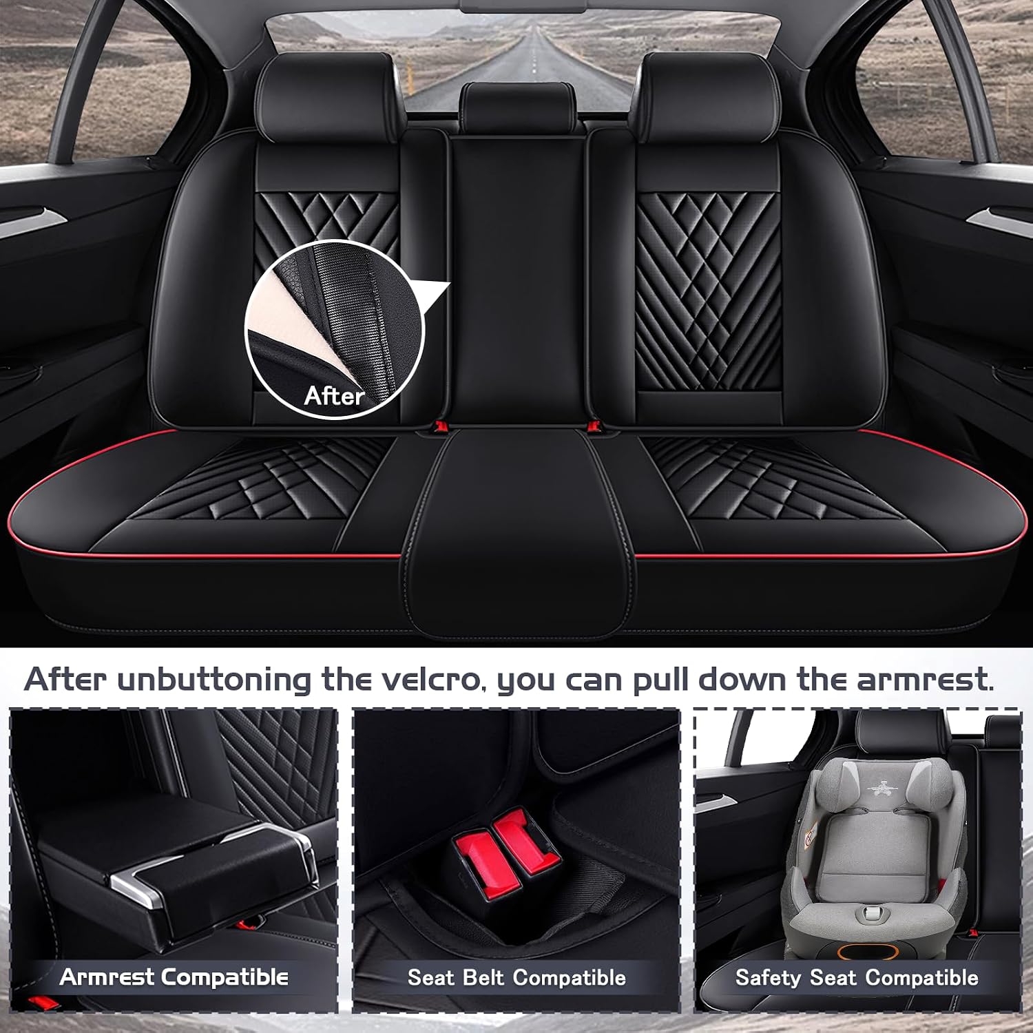 Car Seat Covers for Dodge Dart 2013-2016, Waterproof Nappa Leather Full Set Seat Cover, Anti-Slip and Comfortable Automotive Seat Protector&Accessories(Black Red)