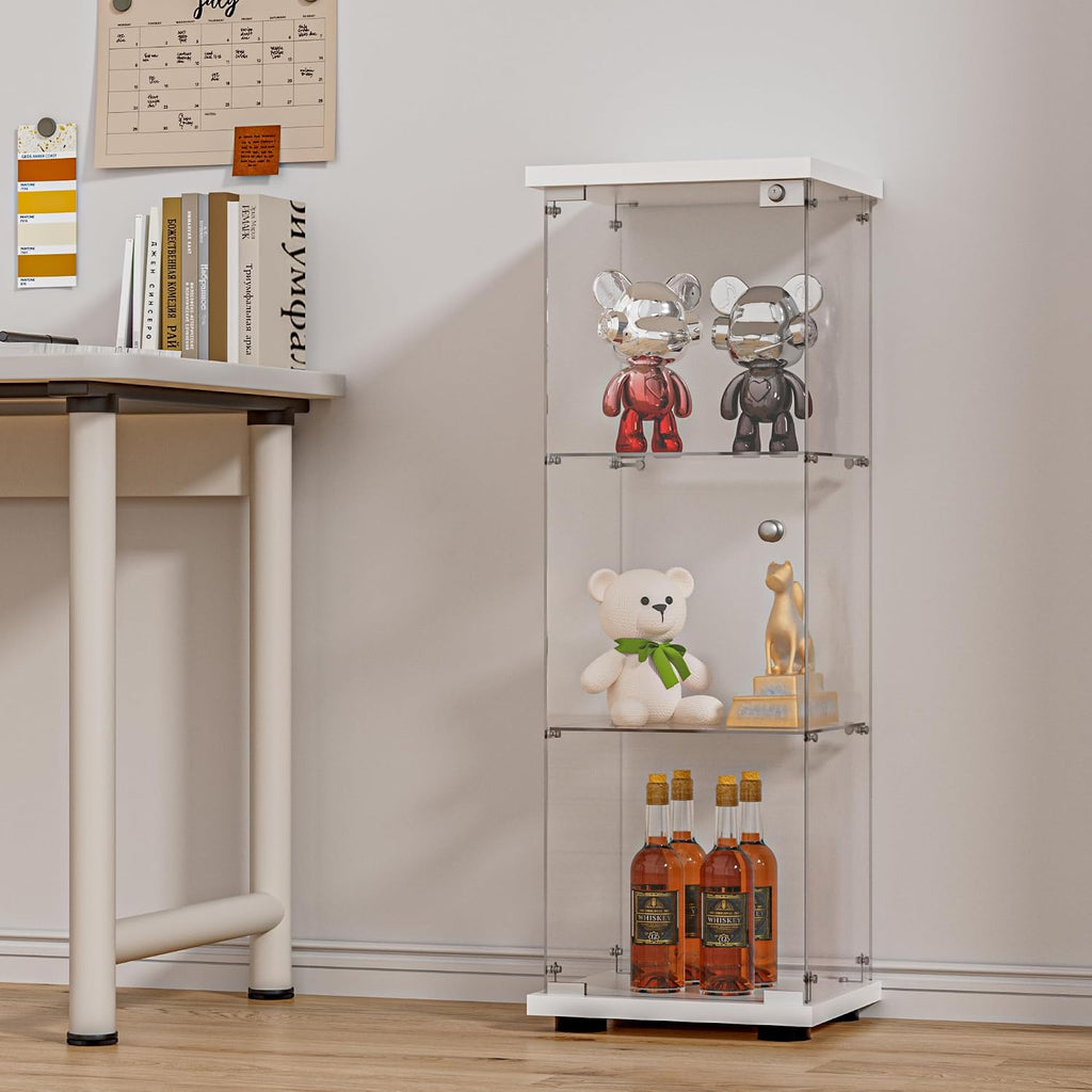 FANYUSHOW 3-Shelf Glass Display Cabinet with Door, Upgraded Quick-Install Style Curio Cabinets 4mm Tempered Glass Floor Standing Bookshelf for Bedroom, Living Room 49.1'x 16.7'x 14.3' White