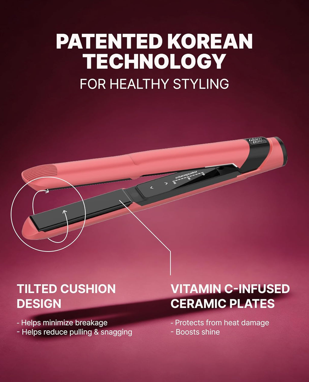 GLAMPALM GlamMuse 1' | All-Ceramic Flat Iron Infused with Vita-C, Salon Results with Less Heat Damage, Trusted by K-Pop Hair Stylists, Dual Voltage Hair Straightener, Silk Press | GP201T
