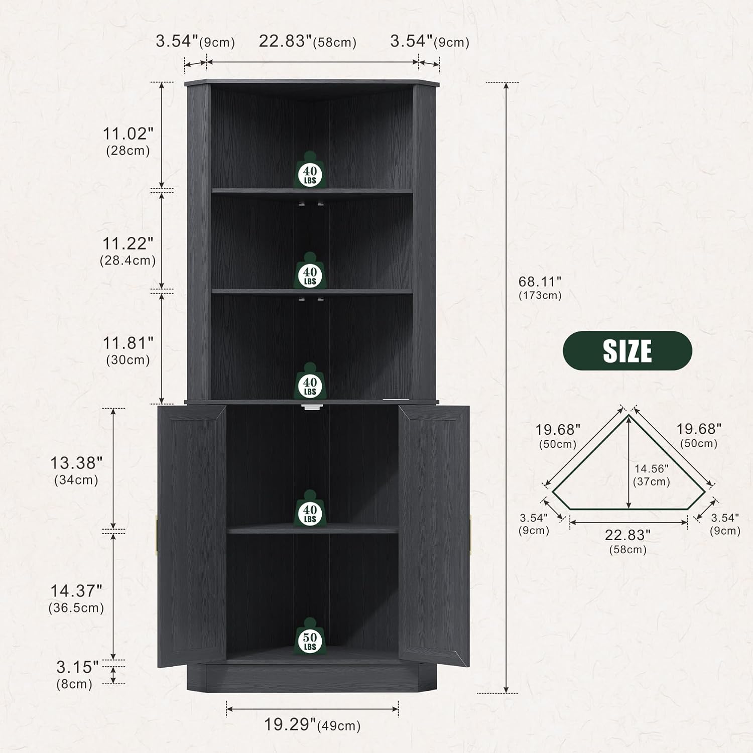 TAGELIER Farmhouse Corner Cabinet with LED Light, 67' Tall Bathroom Cabinet with 2 Doors and 3 Tier Shelves, Free Standing Corner Storage Cabinet for Living Room or Kitchen, Black