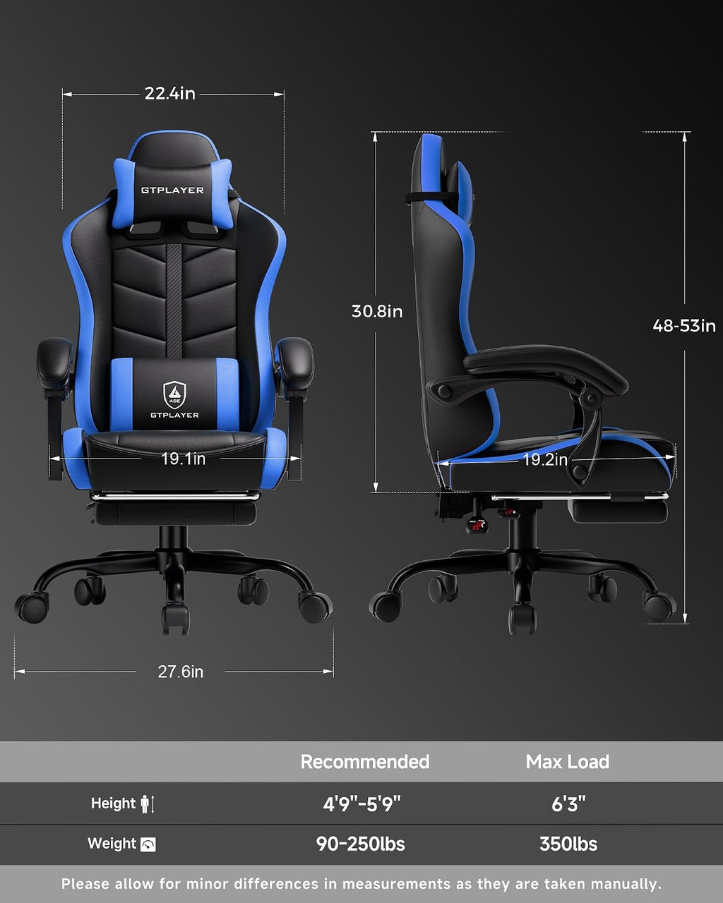 GTPLAYER Gaming Chair for Adults, Ergonomic Computer Gaming Chair with Footrest, Height Adjustable, 90-155° Recline & Removable Headrest Lumbar Support, Black&Blue
