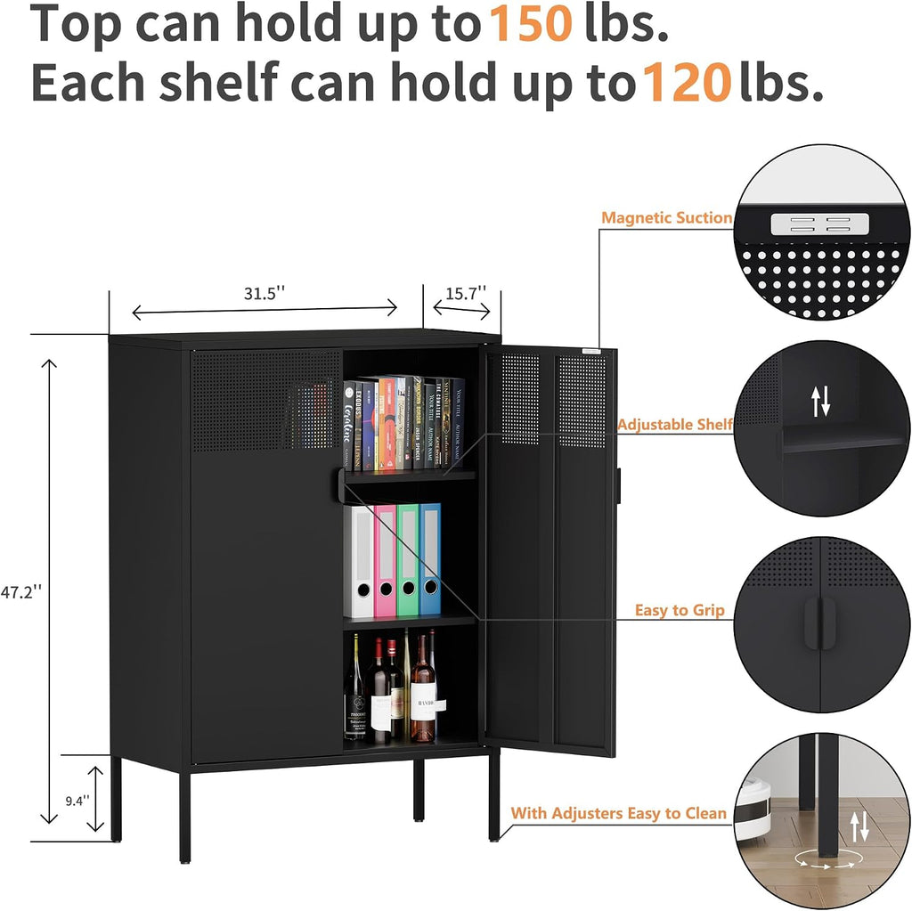 Chshin Metal Storage Cabinet,Kitchen Pantry Storage Cabinets with Doors,Buffet Cabinet with 2 Adjustable Shelves,Black Pantry Cabinets,Steel Sideboard for Home,Shoes,Office,Dining Room