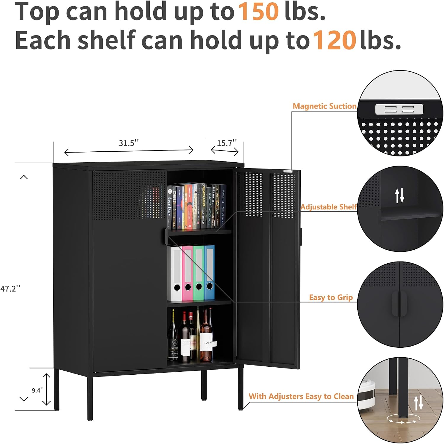 Chshin Metal Storage Cabinet,Kitchen Pantry Storage Cabinets with Doors,Buffet Cabinet with 2 Adjustable Shelves,Black Pantry Cabinets,Steel Sideboard for Home,Shoes,Office,Dining Room