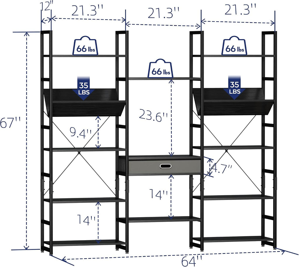 NUMENN Triple Wide 5 Tier Bookshelf, Adjustable Rustic Industrial Style Book Shelves, Modern Bookcases and Bookshelves Furniture for Bedroom, Living Room and Home Office, Elegant Black