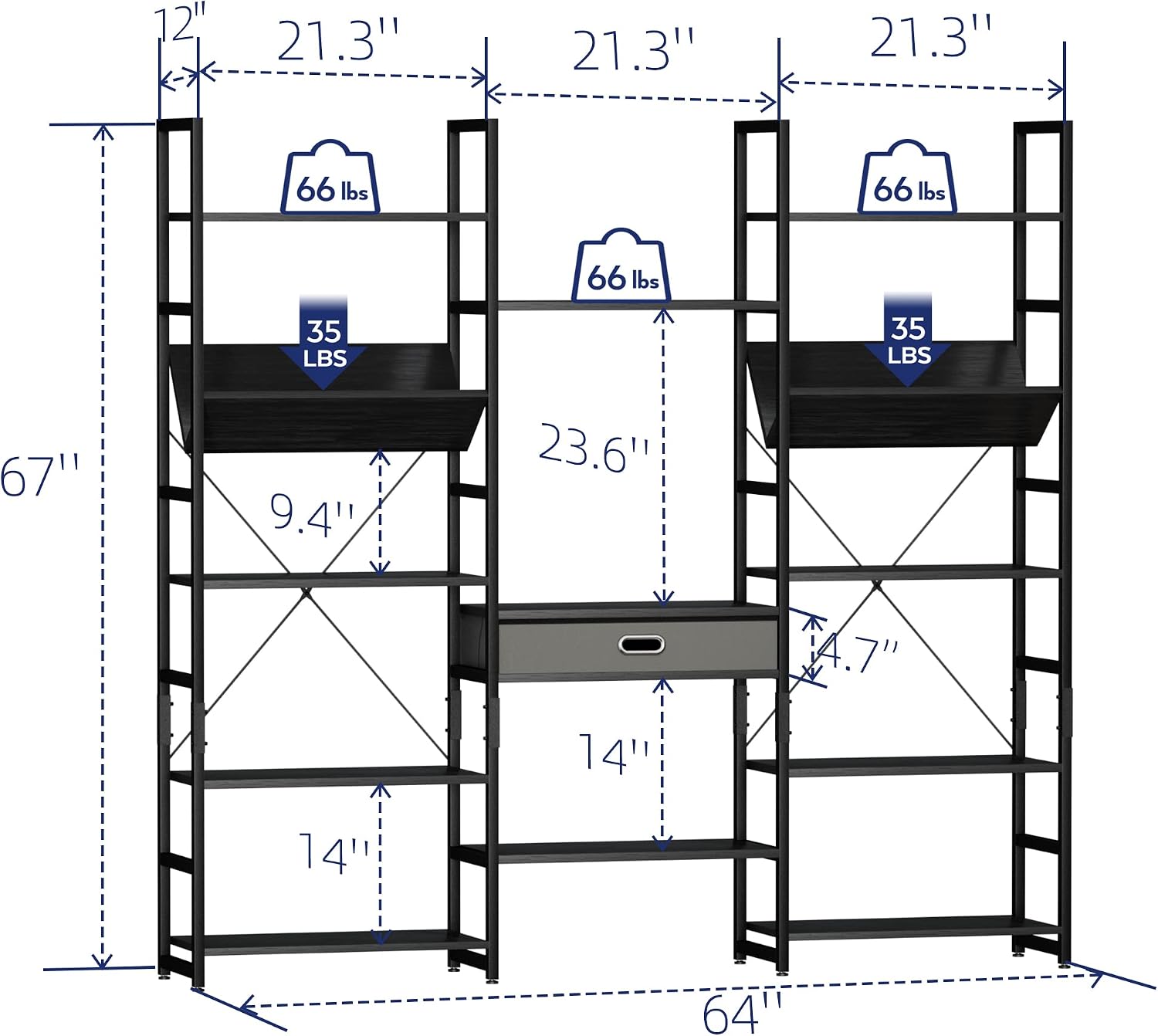NUMENN Triple Wide 5 Tier Bookshelf, Adjustable Rustic Industrial Style Book Shelves, Modern Bookcases and Bookshelves Furniture for Bedroom, Living Room and Home Office, Elegant Black