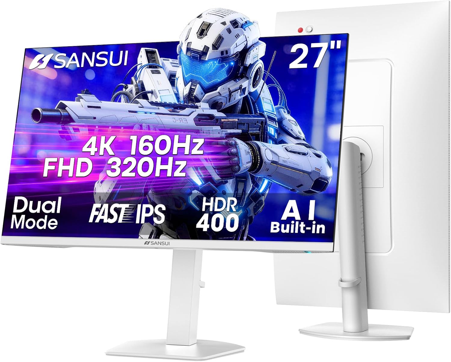 SANSUI 27' 4K Gaming Monitor, UHD 160Hz or FHD 320Hz Dual Mode PC Monitor- Fast IPS 1ms(OD) 丨2×HDMI2.1丨2×DP 1.4丨Built-in Speakers丨Eye Care丨AI Crosshair丨PIP/PBP丨HDR400丨Rotating/Height Adjustable