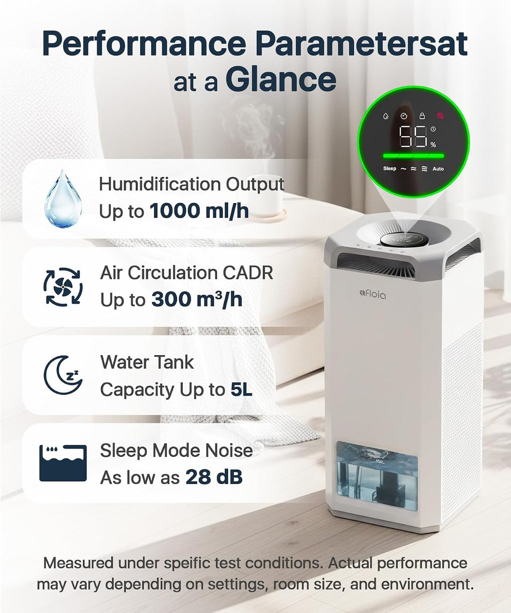 Afloia Humidifier for Bedroom Large Room - Mist Free Evaporative 2 in 1 Humidifier and Air Purifier in One Combo for Home with Top Fill 5L Tank/Humidity&Air Quality Sensor/2-24H Timer