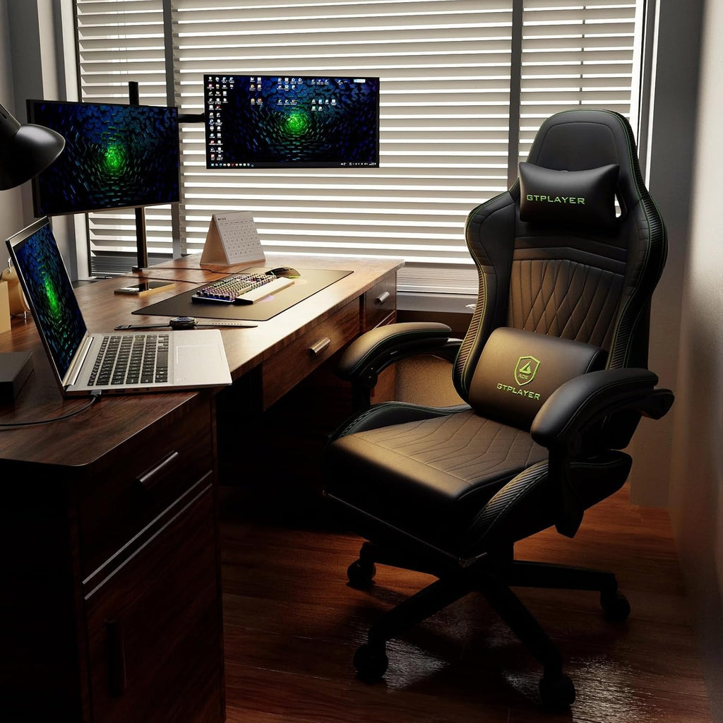 GTPLAYER ACE-PRO Music Gaming Chairs – Built-in Speakers, App Support & Bluetooth Control, Computer Game Chairs with Footrest for Adults, Ergonomic, Reclining, Linkage Armrest, Black & Green Stitch