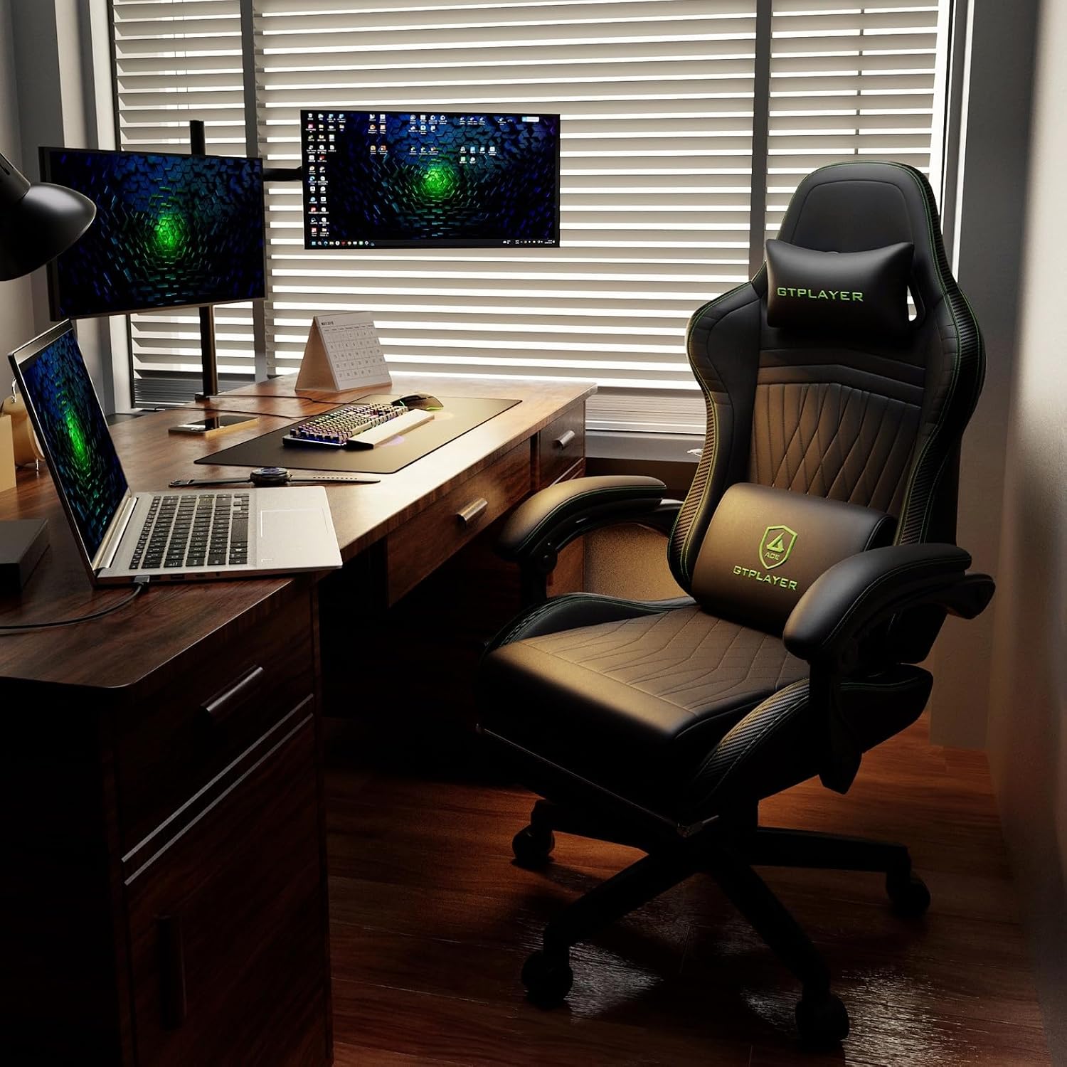 GTPLAYER ACE-PRO Music Gaming Chairs – Built-in Speakers, App Support & Bluetooth Control, Computer Game Chairs with Footrest for Adults, Ergonomic, Reclining, Linkage Armrest, Black & Green Stitch