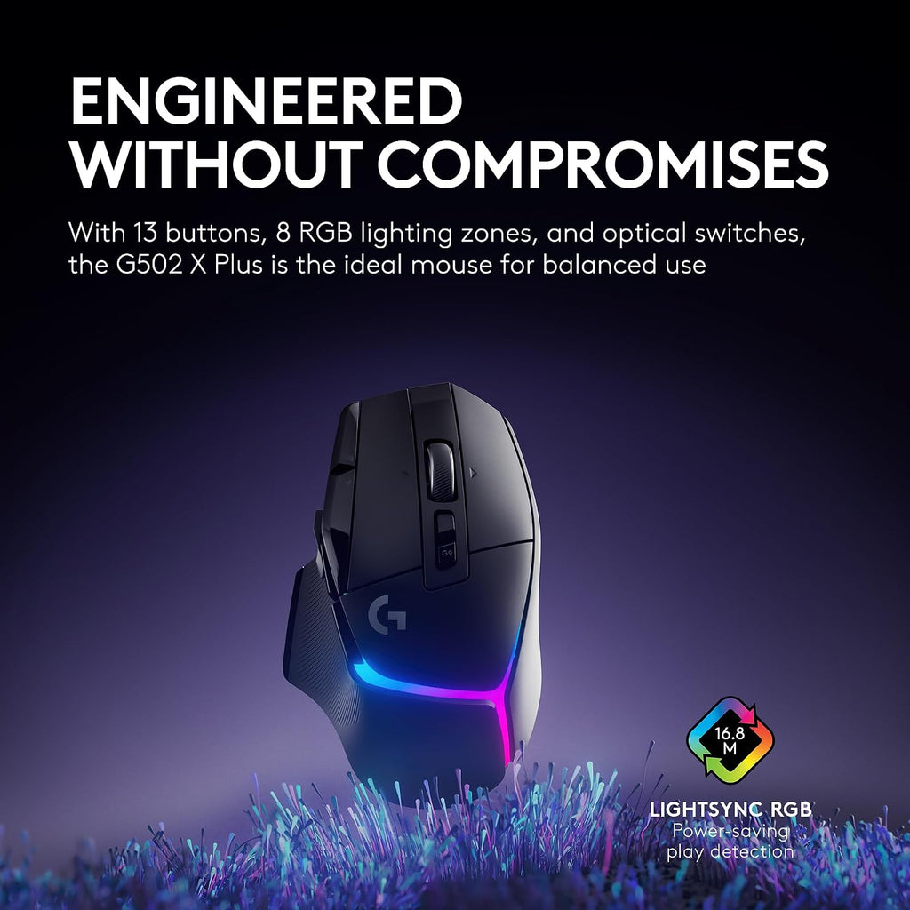 Logitech G502 X Plus Wireless Gaming Mouse: Optical Switches, LIGHTSYNC RGB, 13 Buttons, Infinite Scroll Toggle, <130 hr Battery Life, USB-C, PowerPlay Wireless Charging Capable, for PC/MacOS - Black