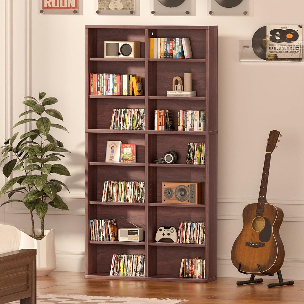 LELELINKY 7 Tier Tall Display Cabinet, Walnut Media Storage Cabinet with Adjustable Shelves, Free Standing DVD Organizer Shelf, Floor Multimedia Storage Manga Bookshelf for Living Room & Home Office.
