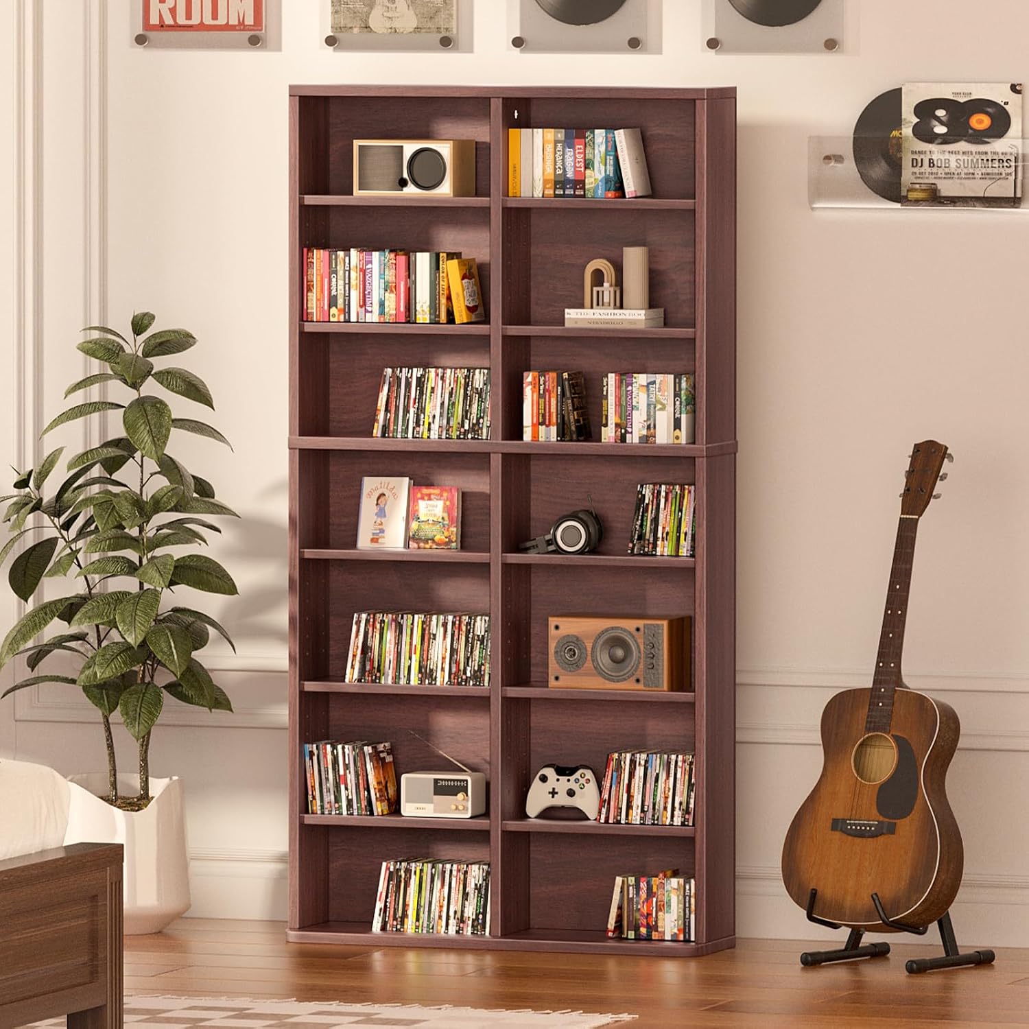 LELELINKY 7 Tier Tall Display Cabinet, Walnut Media Storage Cabinet with Adjustable Shelves, Free Standing DVD Organizer Shelf, Floor Multimedia Storage Manga Bookshelf for Living Room & Home Office.
