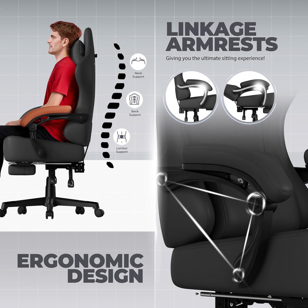 GTPLAYER Gaming Chair with Pocket Spring Cushion, Big and Tall Gamings Chairs 350LBS High Back Computer Chair with Footrest for Adults Lumbar Support Swivel Game Chair for Office,Leather Black-Massage