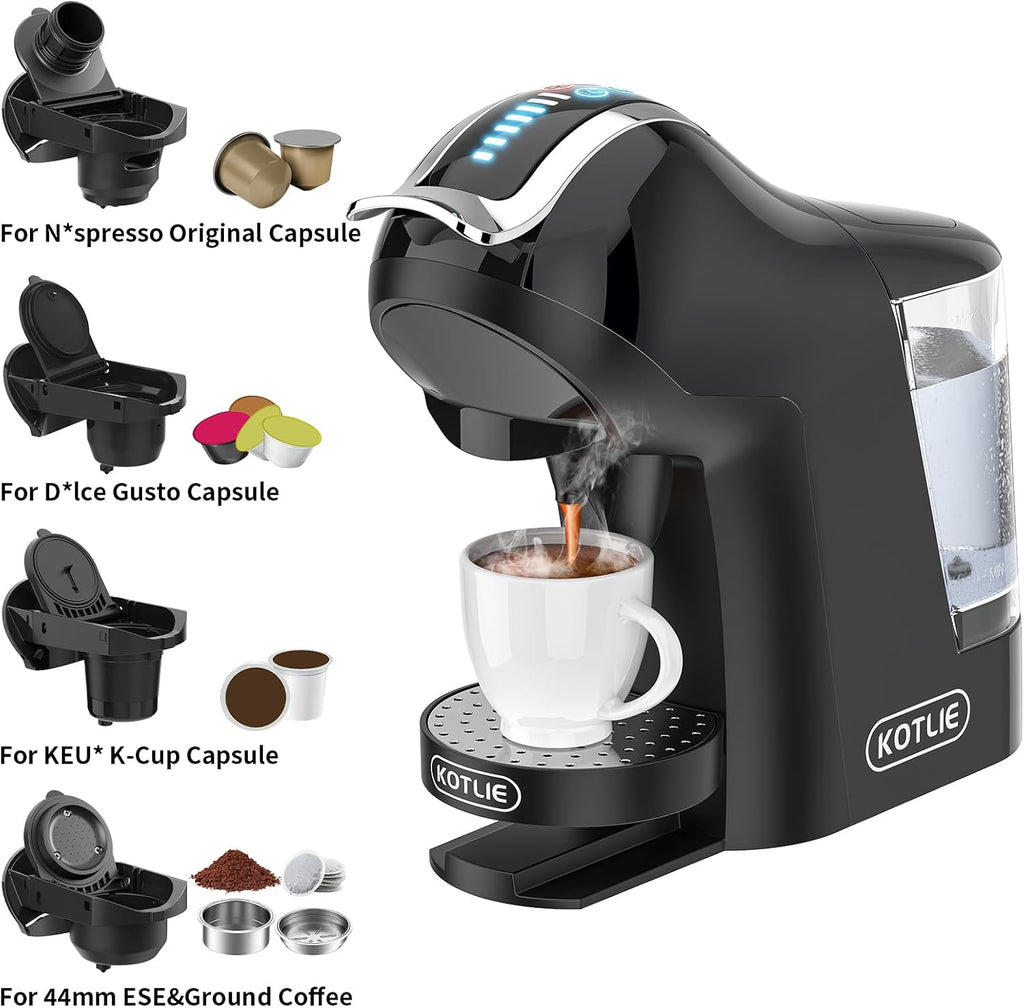 KOTLIE Single Cup Coffee Maker, Multi Capsule Machine Compatible With Various Capsule Types, 4 Temperature Settings, 7 Water Volume Levels,19 Bar(Glossy Black)