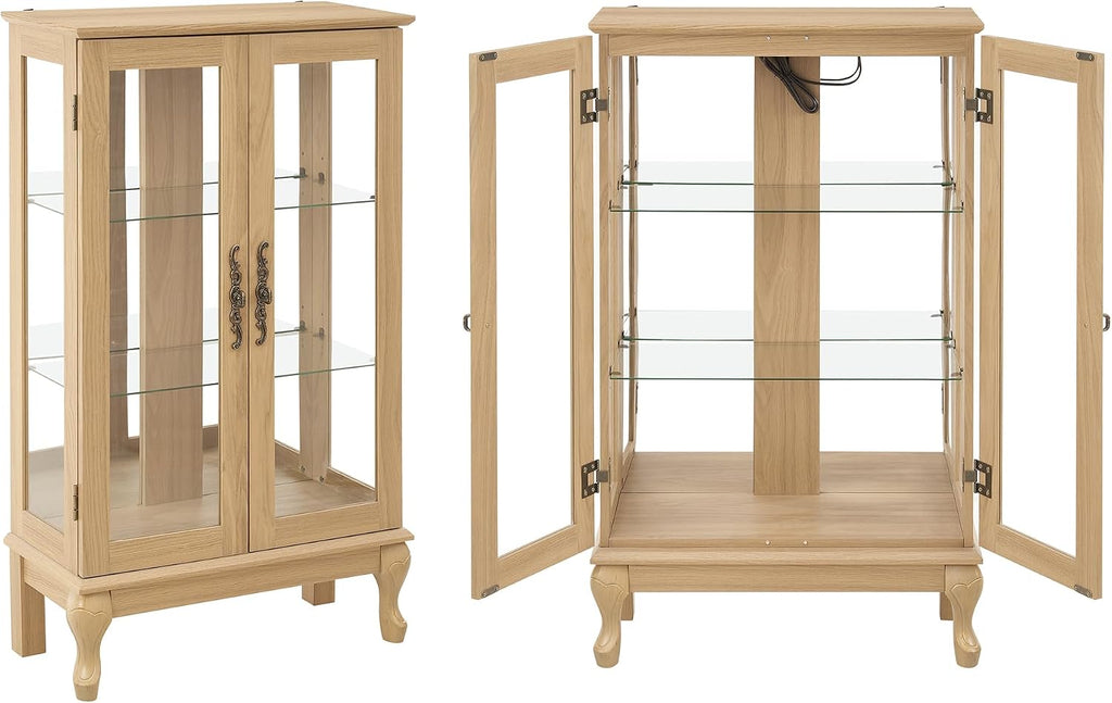 43'H Lighted Display Curio Cabinet, 3-Tier Glass Accent Storage Cabinet Curio Showcase w/ 2 Doors & Adjustable Shelves, Wine Artwork Storage Rack w/ Mirrored Back Panel for Living Room (Light Oak)