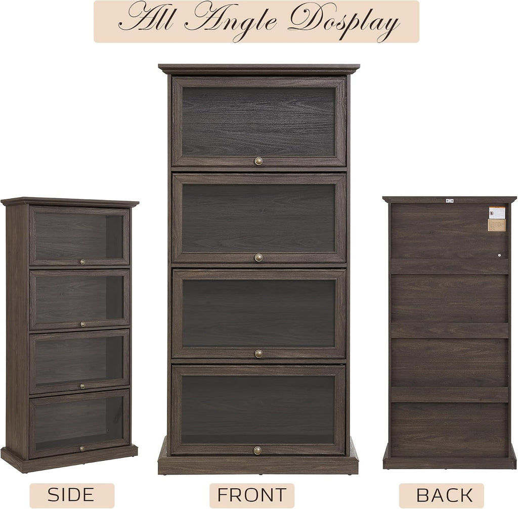 Tall Bookcase with Glass Doors, 63' H Farmhouse Glass Curio Display Cabinet with Flip up Doors, Elegant Storage Cabinet with 4-Tier Shelves, Rack for Living Room (Brown)