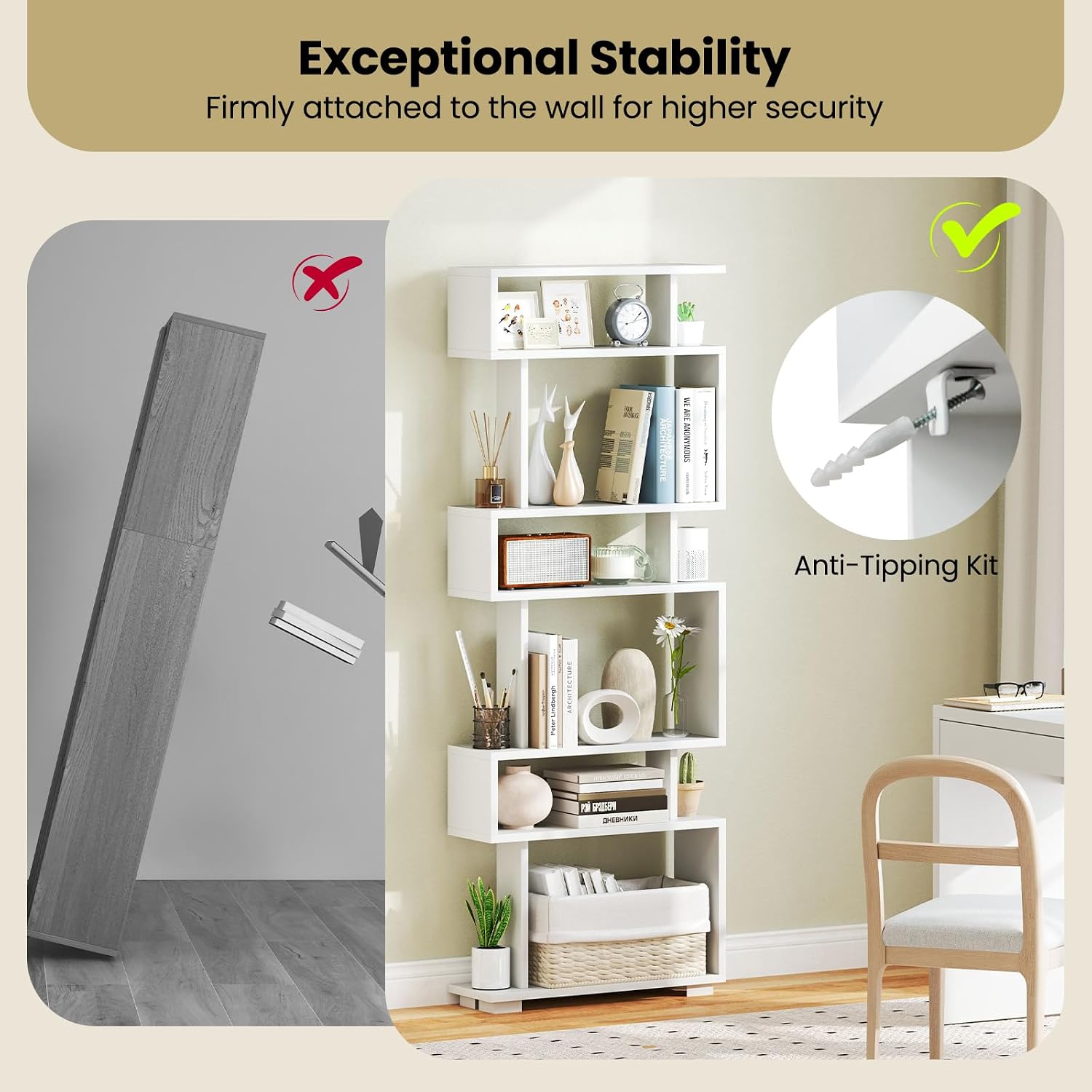 Giantex 6-Tier Geometric Bookcase Set of 2, 64' Tall S-Shaped Bookshelf w/Anti-Tipping Kit, Wood Freestanding Decorative Storage Display Shelves for Living Room, Bedroom & Home Office, White