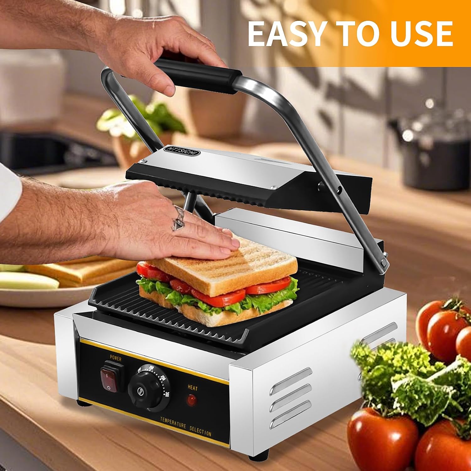 Commercial Panini Press - 1800W Commercial Electric Panini Sandwich Grill w/Nonstick Coating & Adjustable Temp, Panini Grill Press w/ 9' x 9' Cooking Pan, Double-sided Heating