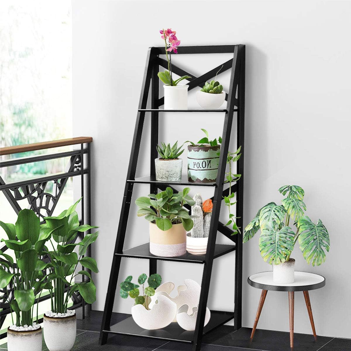 Tangkula 4-Tier Ladder Shelf Bookcase (Set of 2), Leaning Free Standing Wooden Frame Decor Bookshelf, Storage Flower Shelf, Plant Display Shelf for Home Office