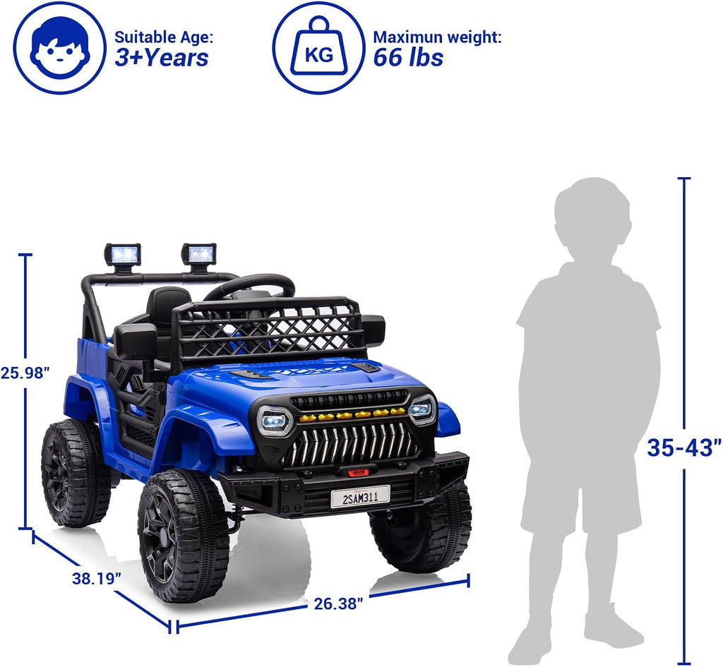 12V Ride On Car for Kids Electric Vehicle Toddlers Battery Powered Truck Car Toy with Remote Control, 4-Wheel Suspension, Battery Display, LED Lights, Music, for Boys Girls, Dark Blue