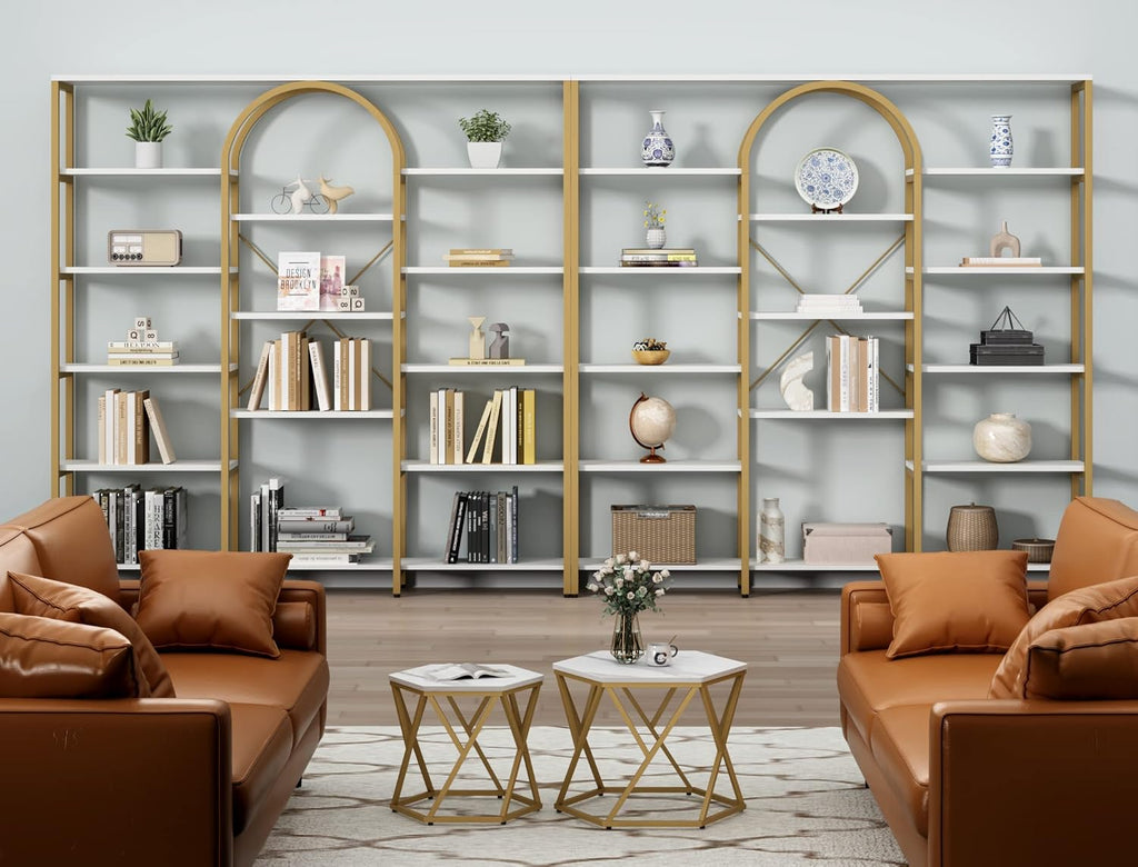 Auromie Triple Wide Gold Bookshelf, 70.87' W x 71.34' H Large Modern Etagere Bookcase, Tall Display Shelf with 13-Tier Open Shelves, Freestanding Staggered Storage Shelf for Home Office, White/Gold