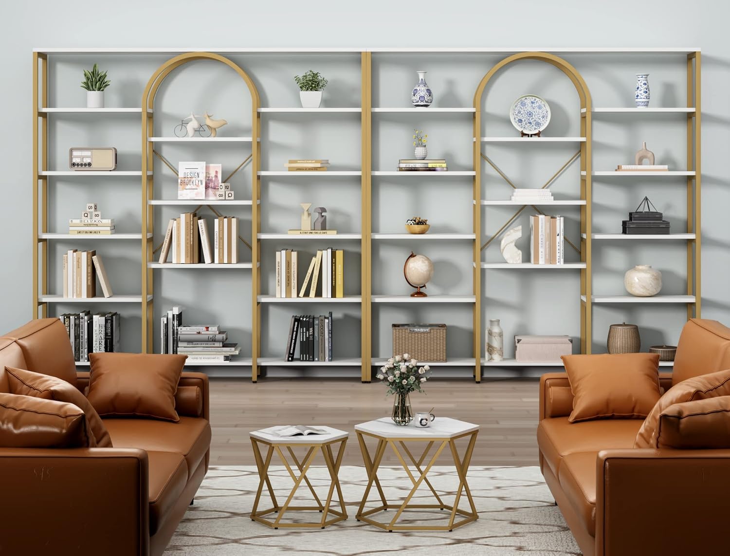 Auromie Triple Wide Gold Bookshelf, 70.87' W x 71.34' H Large Modern Etagere Bookcase, Tall Display Shelf with 13-Tier Open Shelves, Freestanding Staggered Storage Shelf for Home Office, White/Gold