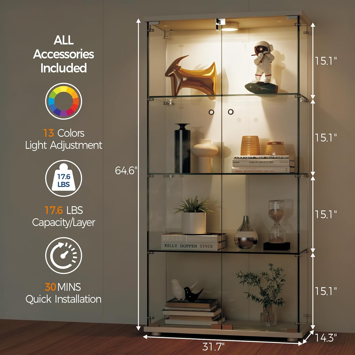 Garvee Glass Display Cabinet with LED Light, Tempered Glass Curio Collection Display Showcase with 4 Shelves and Lock, 2 Door Curio Cabinets for Living Room Bedroom Office, 64 x 31.7 x 14.3 in, White