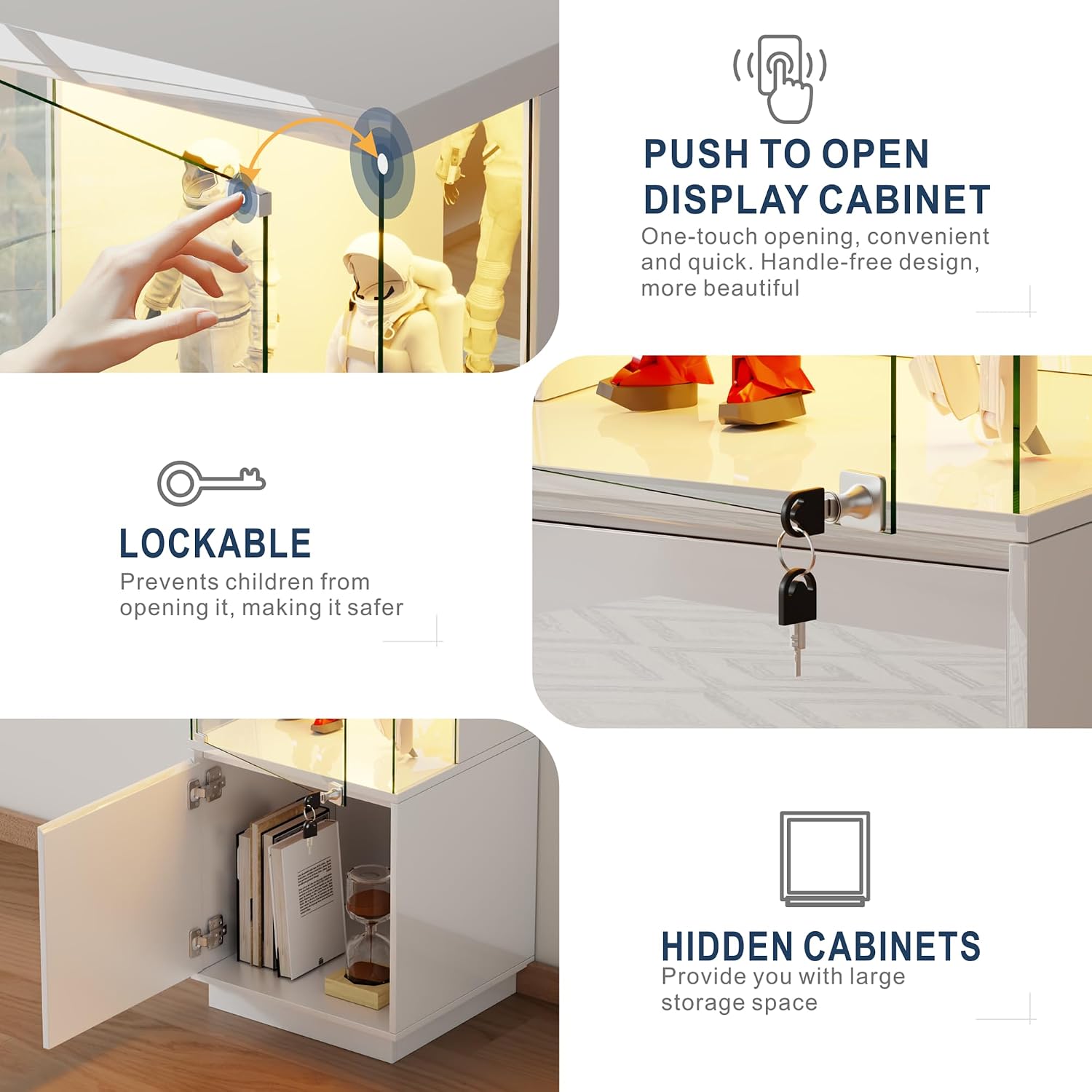 HNEBC Corner Glass Display Cabinet with Lockable&3 Color Lights for Living Room White, Curio Cabinet with Adjustable Glass Shelf for Liquor Figurine Bookcase for Living Room