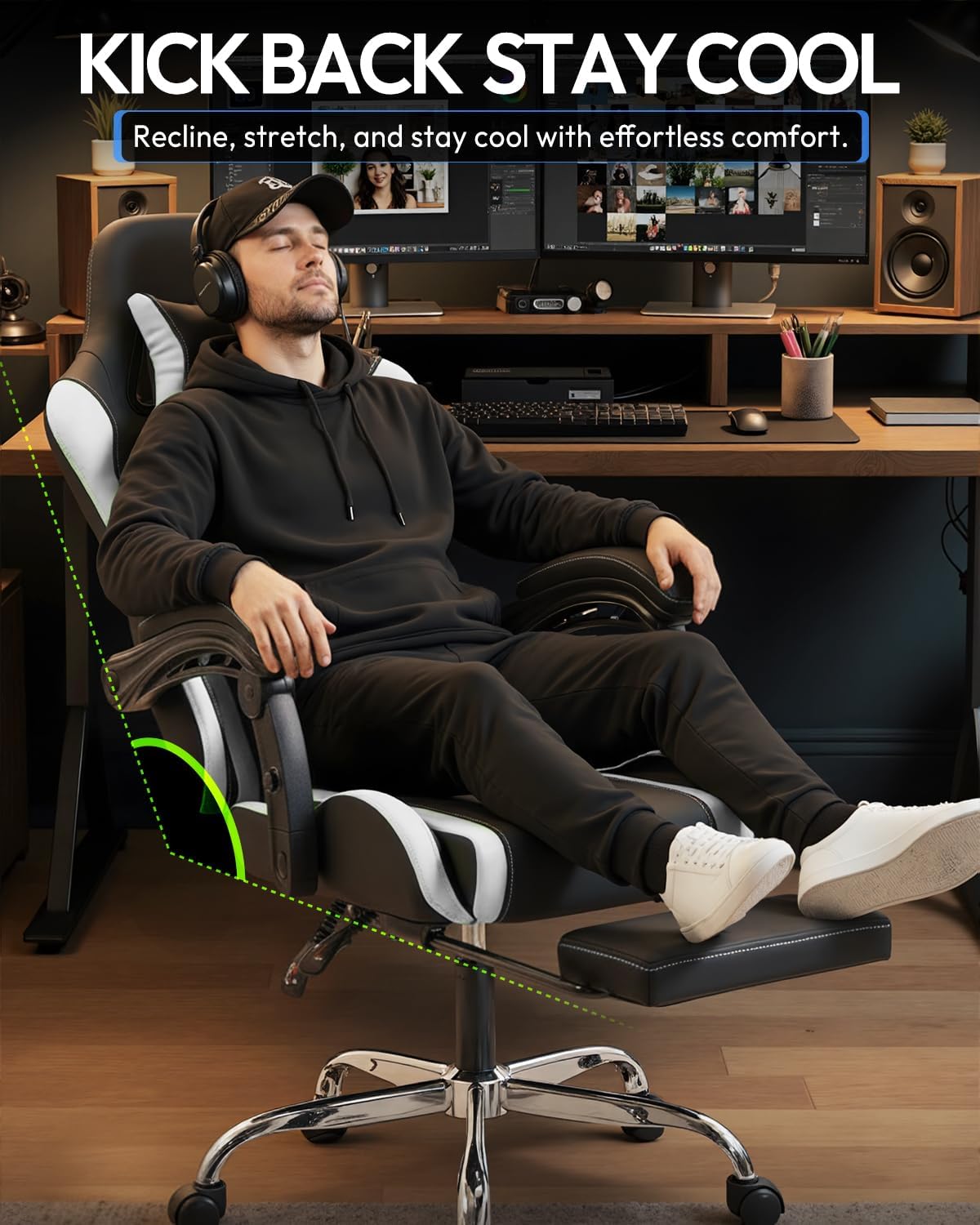 Dowinx Ergonomic Gaming Chair with Footrest & Massage Lumbar, 2D-Linkage Armrests for Computer Chair 330lbs with Headrest Pillow for Office, Home, Streaming and Long Gaming Sessions, White