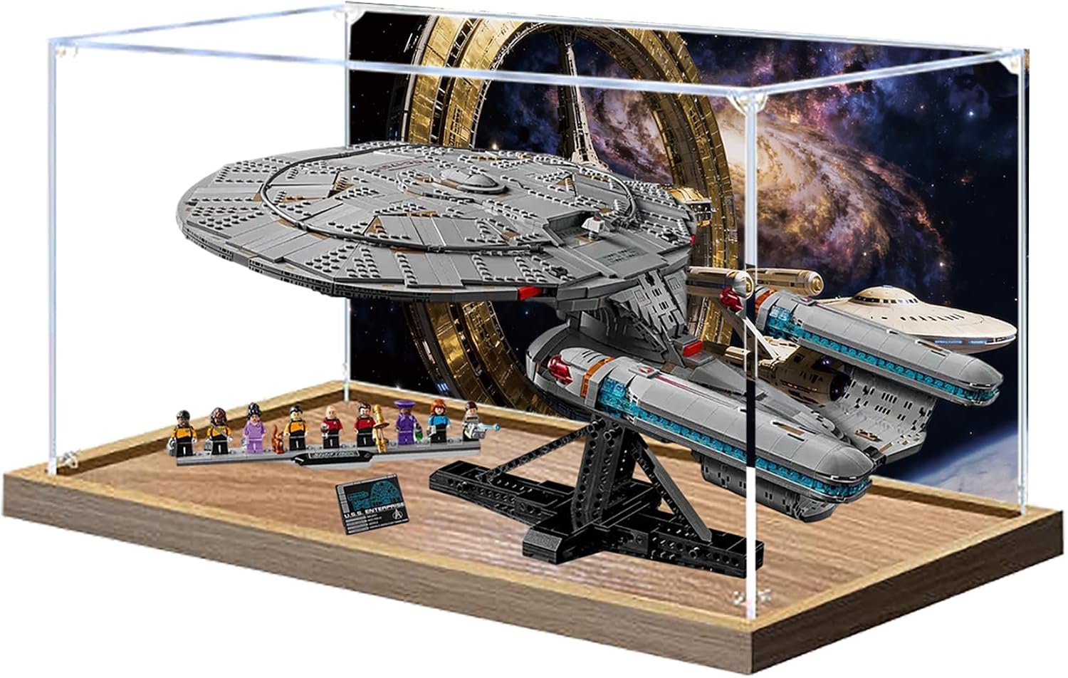 Acrylic Display Case for Lego 10356 Star Trek: Federation Starship Building Set– Dustproof Display Box & Showcase, Display Box Compatible with Lego 10356-Only Display case (Back Spray Wood Base 2)