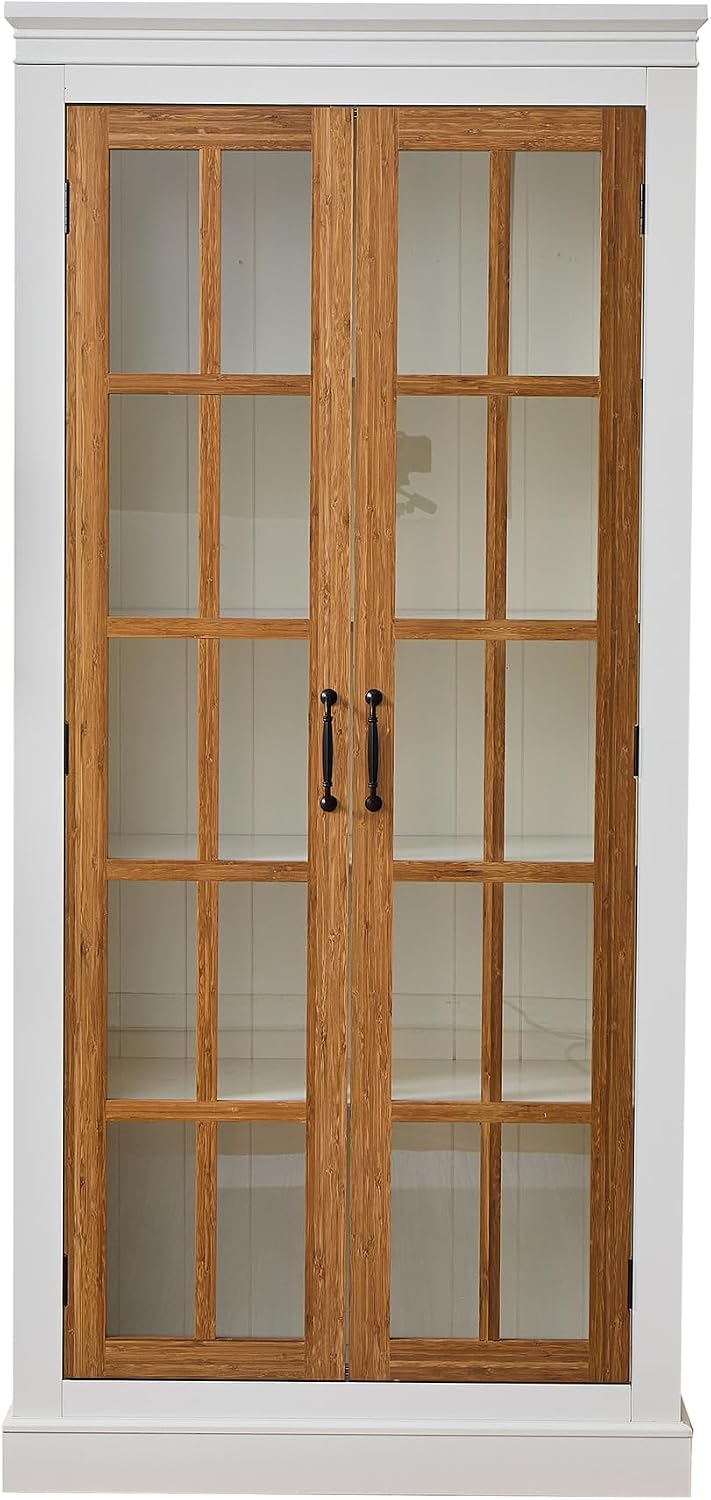 Merax 71.2'' Freestanding Farmhouse Style Glass Door Pantry Cabinet with Lattice Window, Curio Display Storage for Hallways, Living Room, Kitchen & Office,Brown & Black