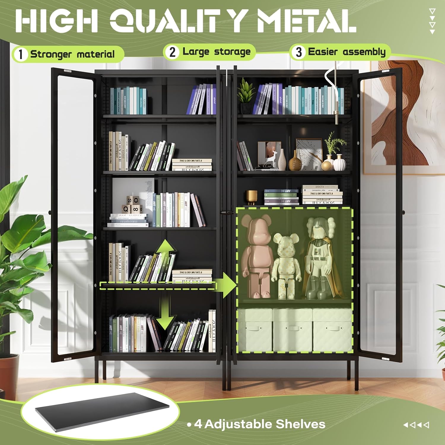 Oakcloud 67' Metal Glass Display Cabinet, Storage Cabinet for Collectibles, Curio, China, Books, Glass Doors Display Case with 4 Adjustable Shelves for Home Office, Living Room, Pantry (Black)