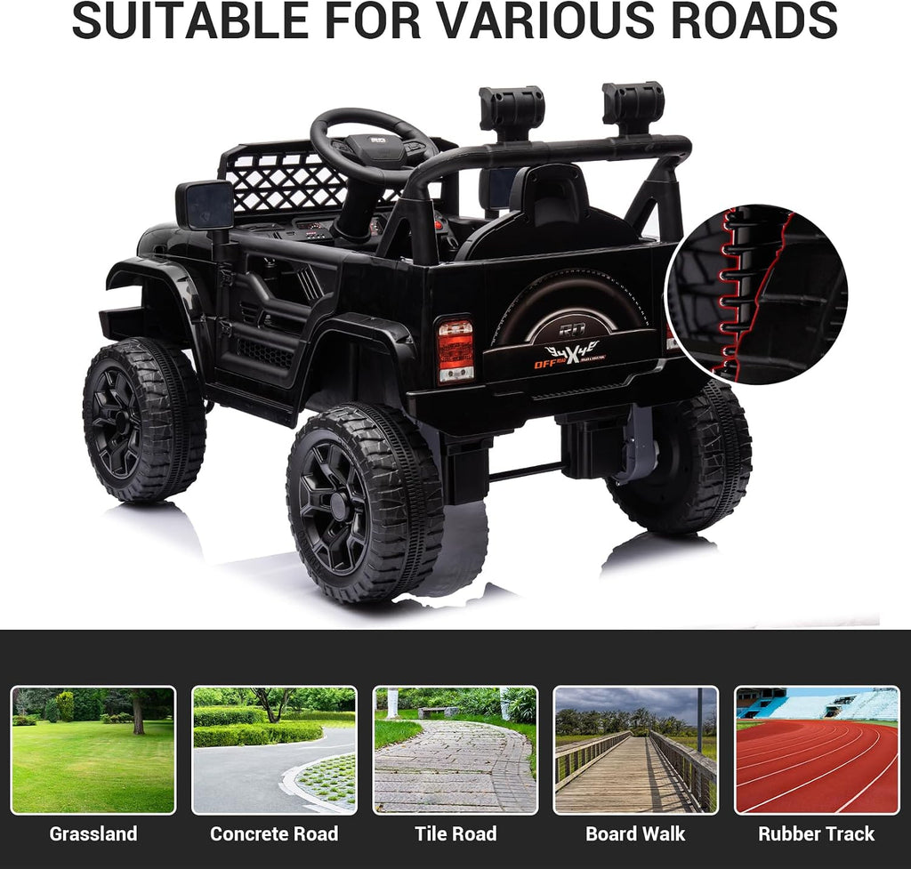 12V Ride On Car for Kids Electric Vehicle Toddlers Battery Powered Truck Car Toy with Remote Control, 4-Wheel Suspension, Battery Display, LED Lights, Music, for Boys Girls, Black
