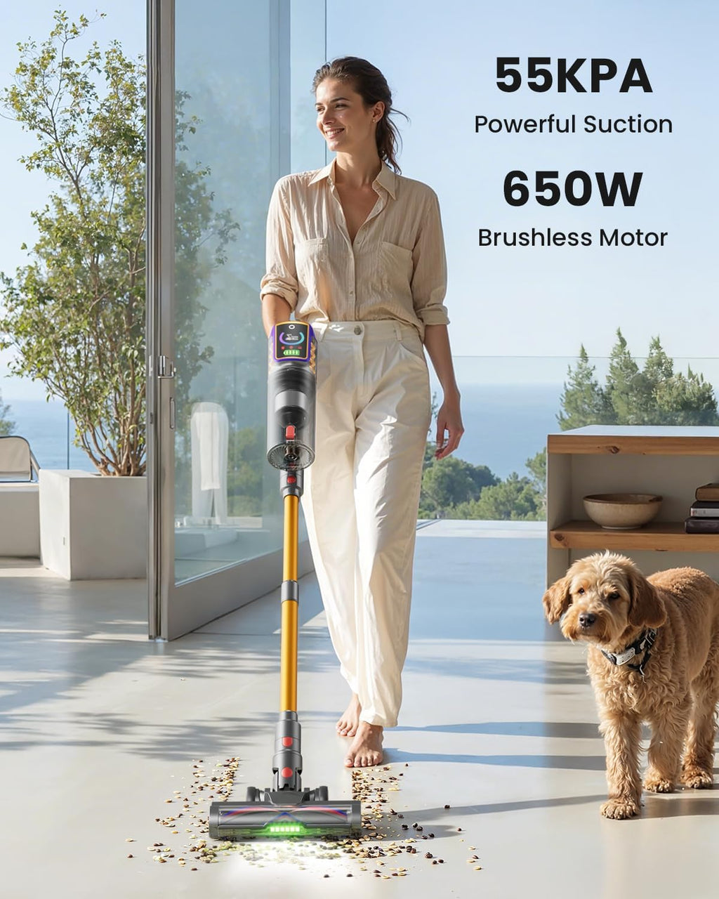 Cordless Vacuum Cleaner,50KPa 600W 65Mins Vacuum Cleaners for Home,Stick Vacuum with LED Display &Anti-tangle Brush and Self-Standing Design,Vacuum Cleaner for Hardwood Floors,Carpet,Pet Hair,Car