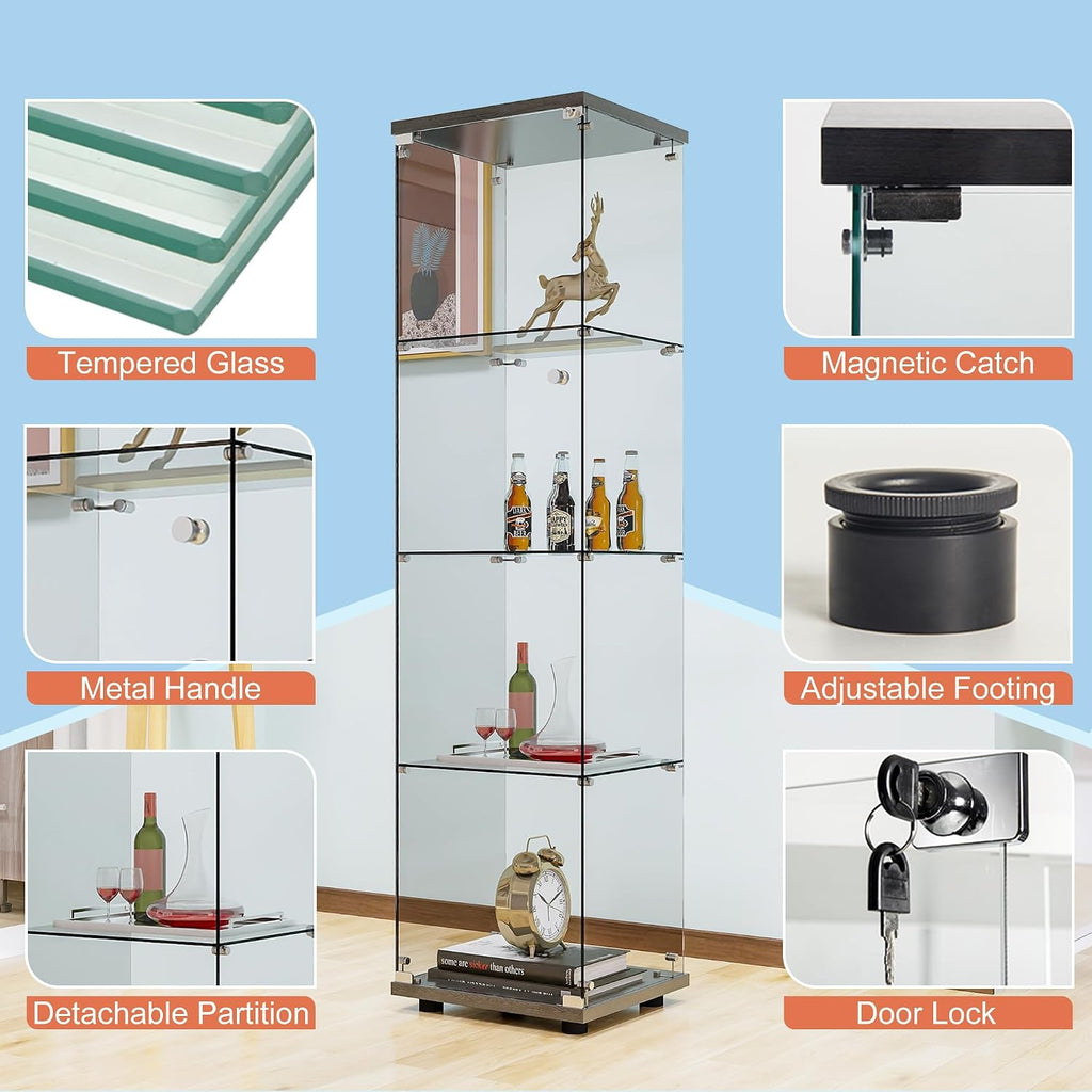 FANYUSHOW Tempered Glass Display Cabinet 4-Shelf Curio Cabinet with Security Lock 5mm Display Shelf Showcase for Living Room/Bedroom/Office- Black 64.7' H x 16.7' L x 14.37' W