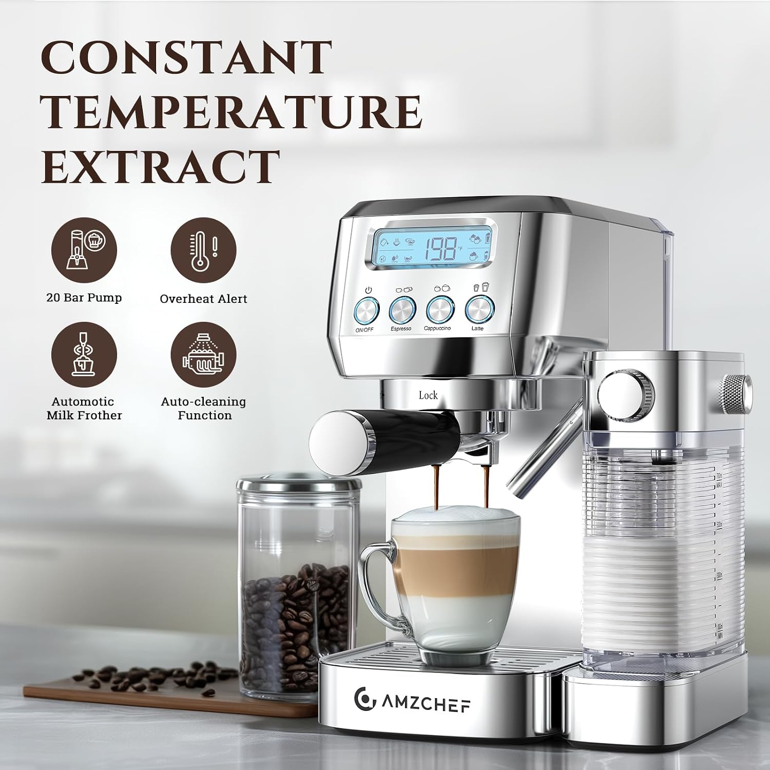 AMZCHEF Espresso Machine with Upgraded Automatic Milk Frother, 20 Bar Cappuccino Machines with LCD Display for Home Gifts, Latte Coffee Maker with Dual Wall & Filters, Sliver