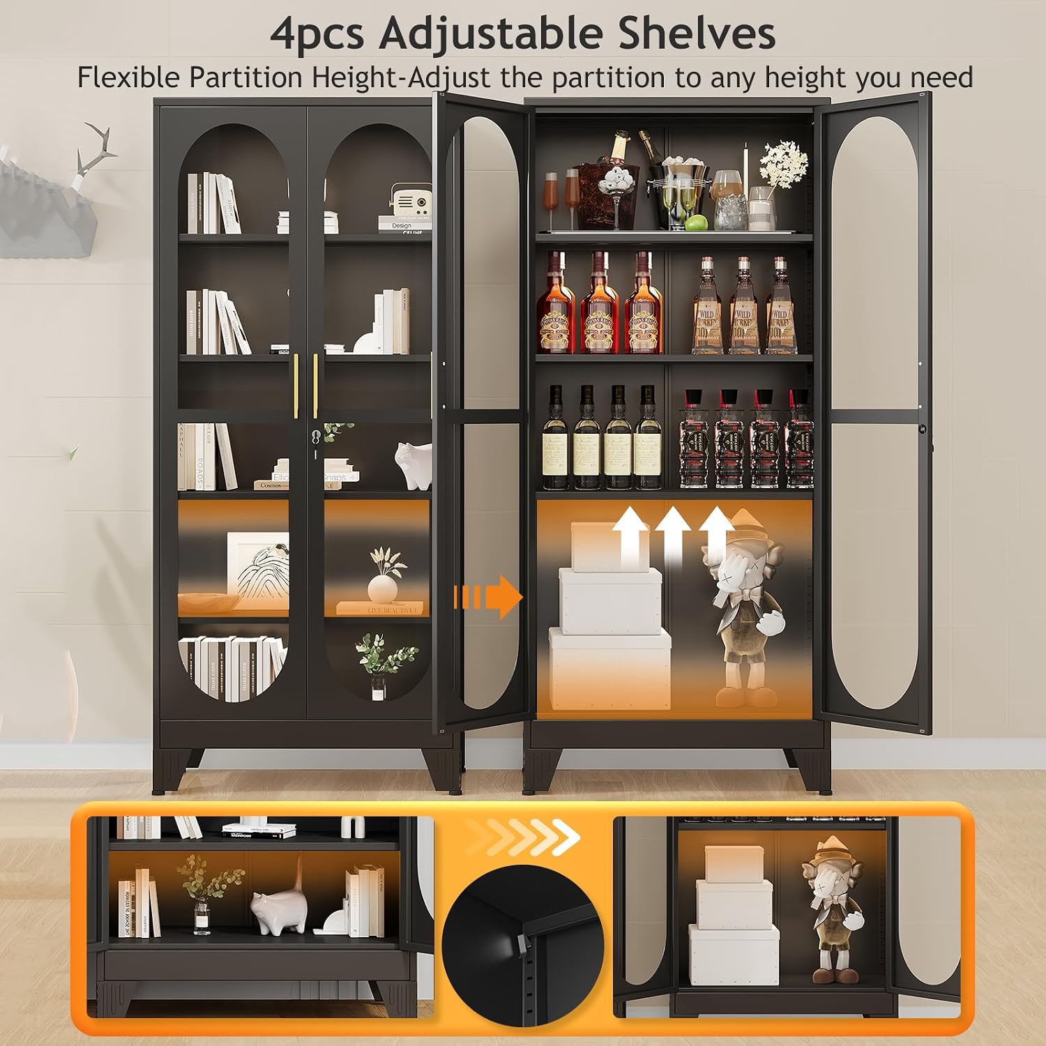 PAOFIN 71' H Locking Display Cabinet with Glass Door, Metal Curio Cabinets with 4 Adjustable Shelves, Tall Liquor Cabinet Display Case for Living Room, Collectibles, Home - Assembly Required Black