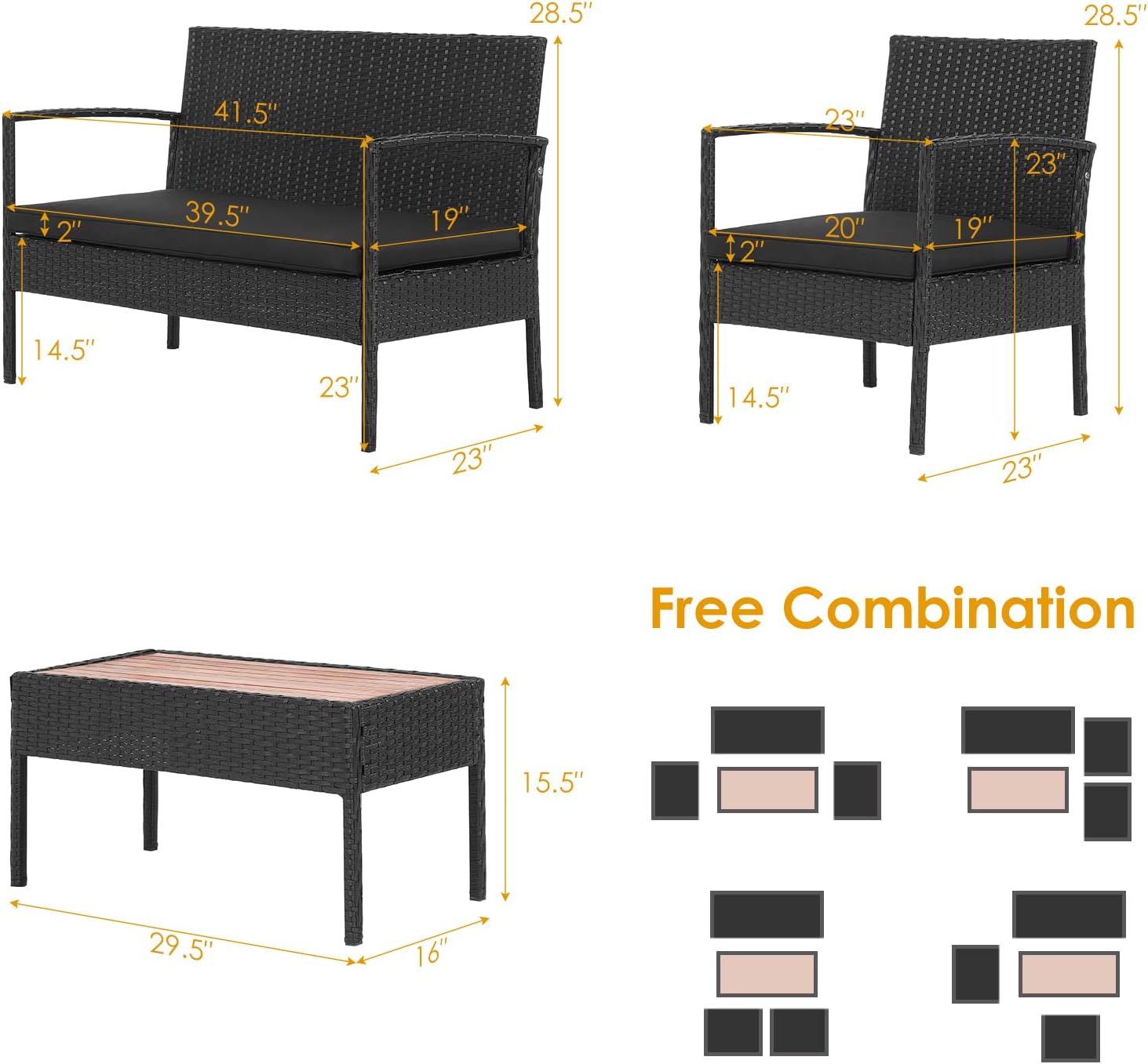 Tangkula 4 Piece Patio Rattan Conversation Set, Outdoor Wicker Sofa Furniture with Loveseat & 2 Single Chairs, Acacia Wood Tabletop, Outside Sectional for Poolside, Deck, Garden (1, Black)