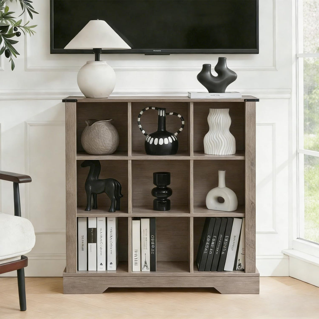 9 Cube Storage Organizer with LED Lights, Wooden Cube Bookcase with Back Panel, Grey Cube Shelf Freestanding Bookshelf, Hallway TV Stand for Living Room, Bedroom, Office