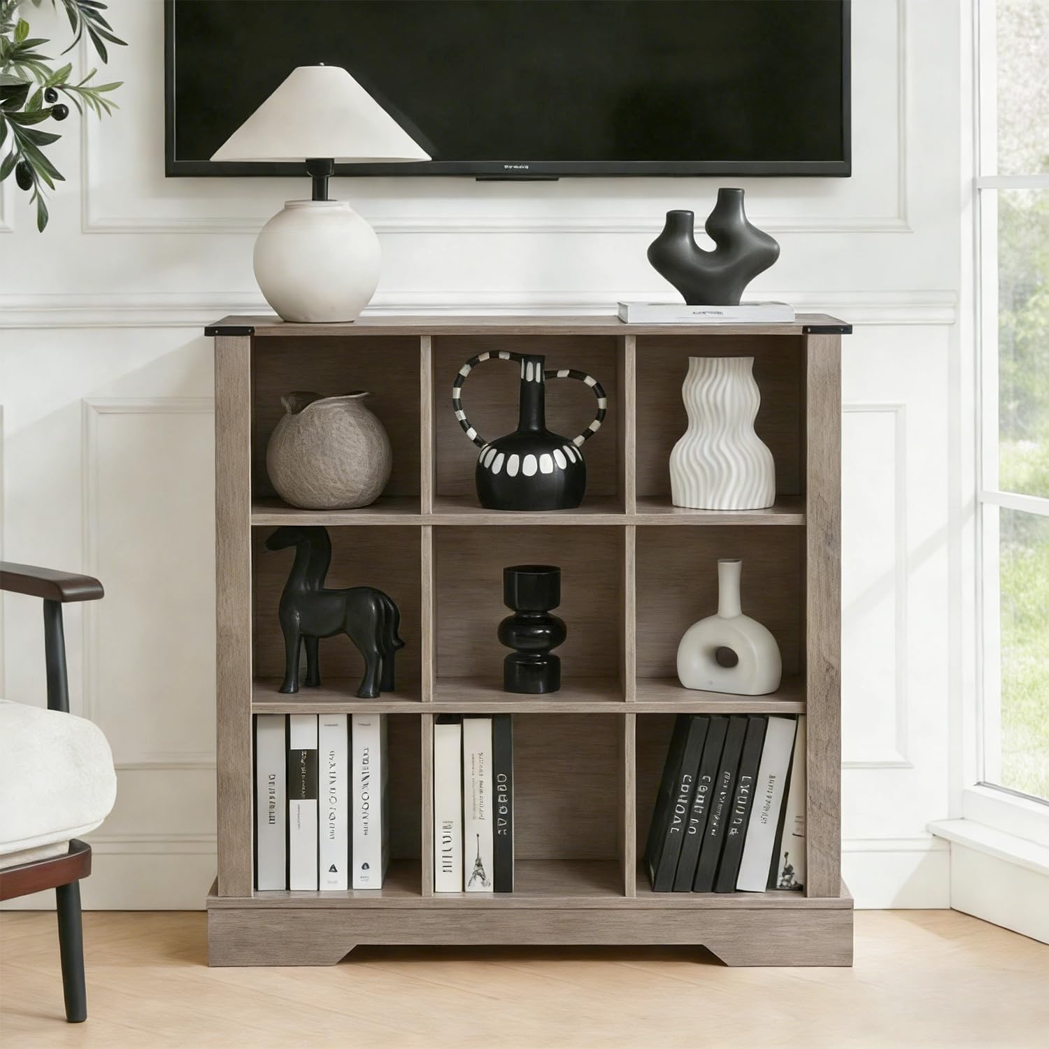 9 Cube Storage Organizer with LED Lights, Wooden Cube Bookcase with Back Panel, Grey Cube Shelf Freestanding Bookshelf, Hallway TV Stand for Living Room, Bedroom, Office
