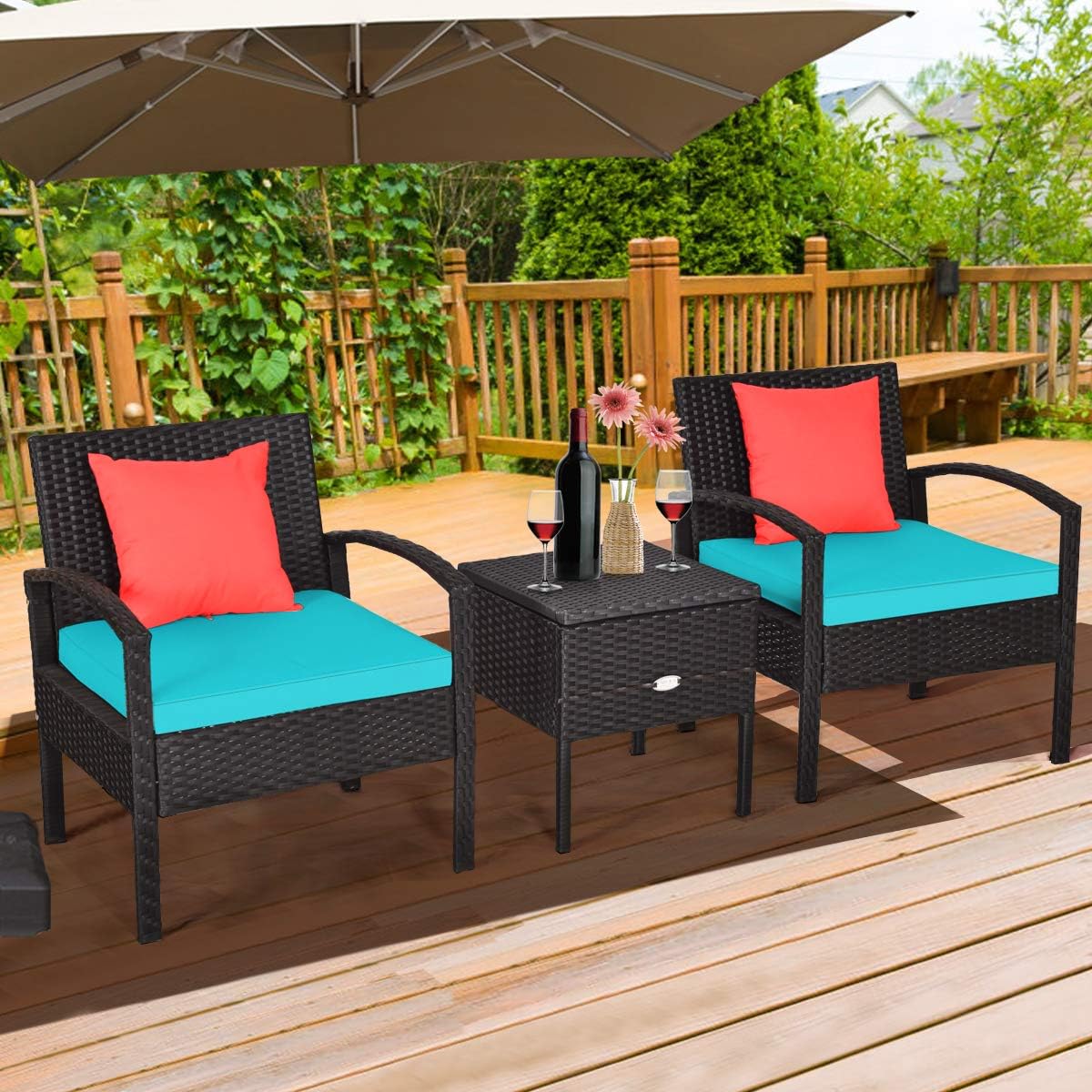 COSTWAY Rattan Patio Furniture Set 3 Pieces, Wicker Conversation Set with Tempered Glass Coffee Table, Seat Cushions, Outdoor Chair Wicker Sofa for Backyard Balcony Porch Poolside, Turquoise