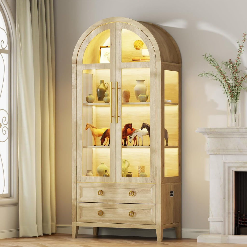 Vlsrka 71' Arched Curio Cabinet with Glass Doors, 4-Shelves Display Cabinet and 2 Drawers, Display Case with 3 Color Lights, Tall Bookcase, Kitchen Pantry, Wood Color