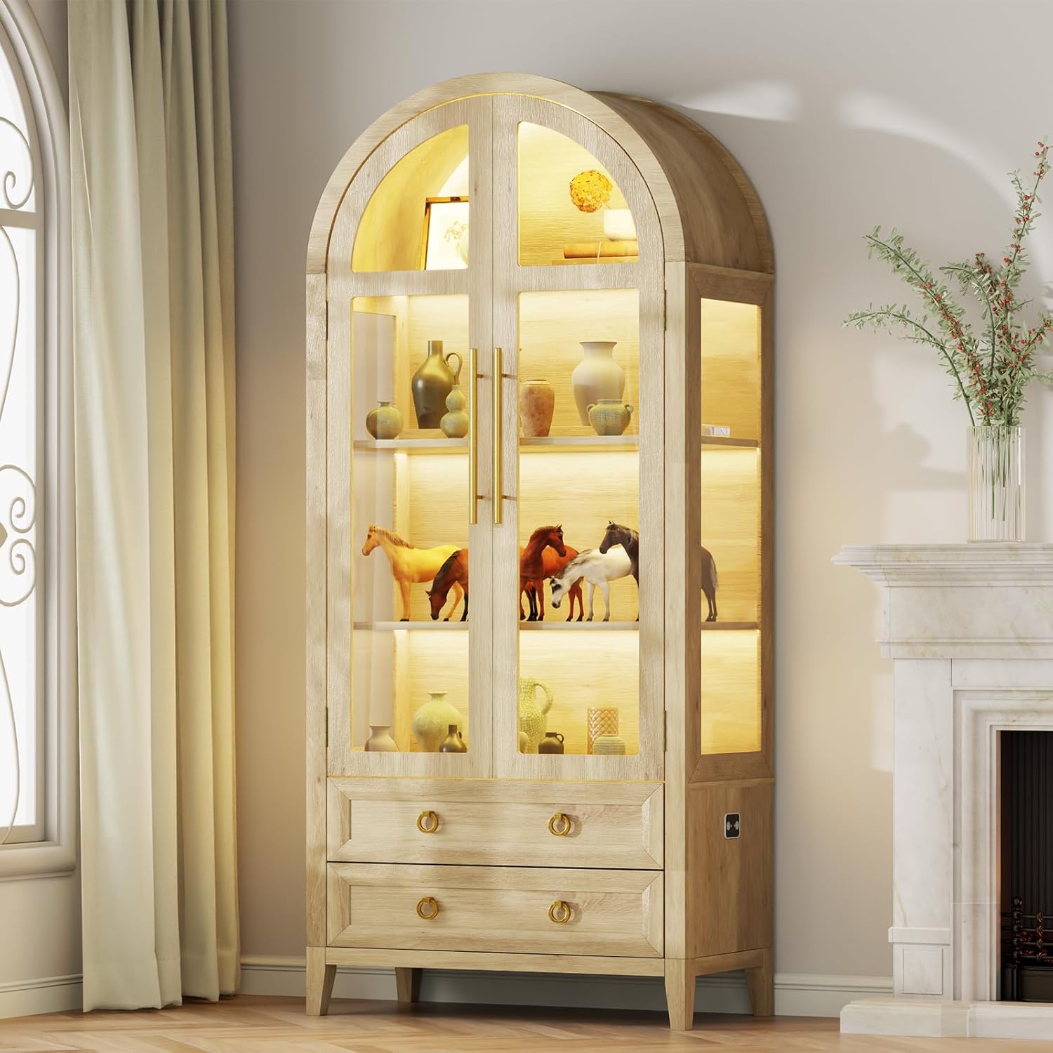 Vlsrka 71' Arched Curio Cabinet with Glass Doors, 4-Shelves Display Cabinet and 2 Drawers, Display Case with 3 Color Lights, Tall Bookcase, Kitchen Pantry, Wood Color