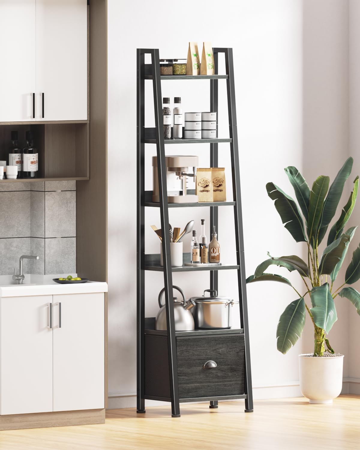 Furologee Bookshelf Set of 2, 6-Tier Ladder Shelf, Ladder Bookshelf with Drawer, Set of 2 Bookshelves, Wood Metal Freestanding Storage Shelf for Living Room, Home Office, Bedroom, Kitchen,Black Oak