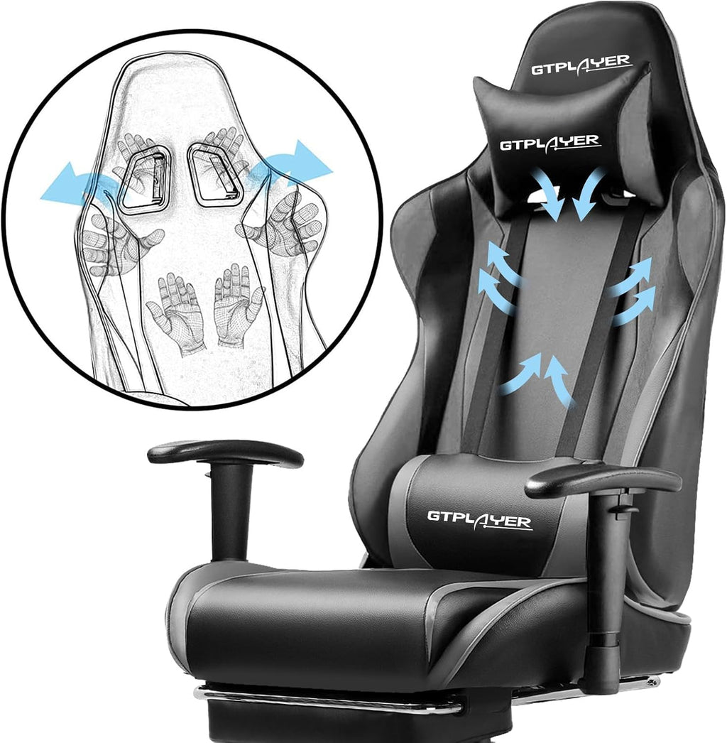 GTPLAYER Gaming Chair with Footrest, Ergonomic Computer Game Desk Chair, Reclining Game Chair Seat Height Adjustment, Swivel Rocker with Headrest and Lumbar (Grey)