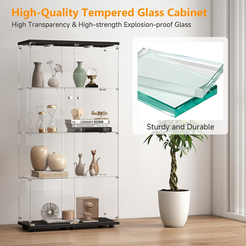 Zevemomo Tempered Glass Display Cabinet with Lights, 4-Tier Curio Cabinet with Glass Doors and Lock, Glass Display Case for Collectibles, for Living Room, Bedroom, Office, Black, Double Door